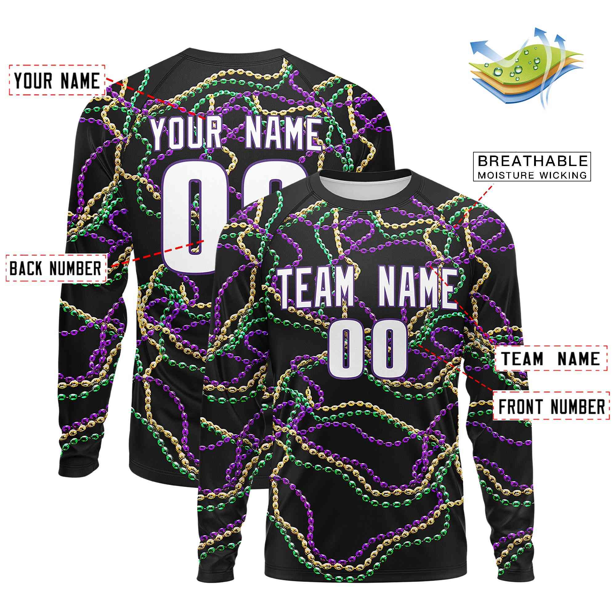 Custom Black Purple Crew Neck Personalized Mardi Gras Long Sleeve Performance T-shirt | KXKSHOP
