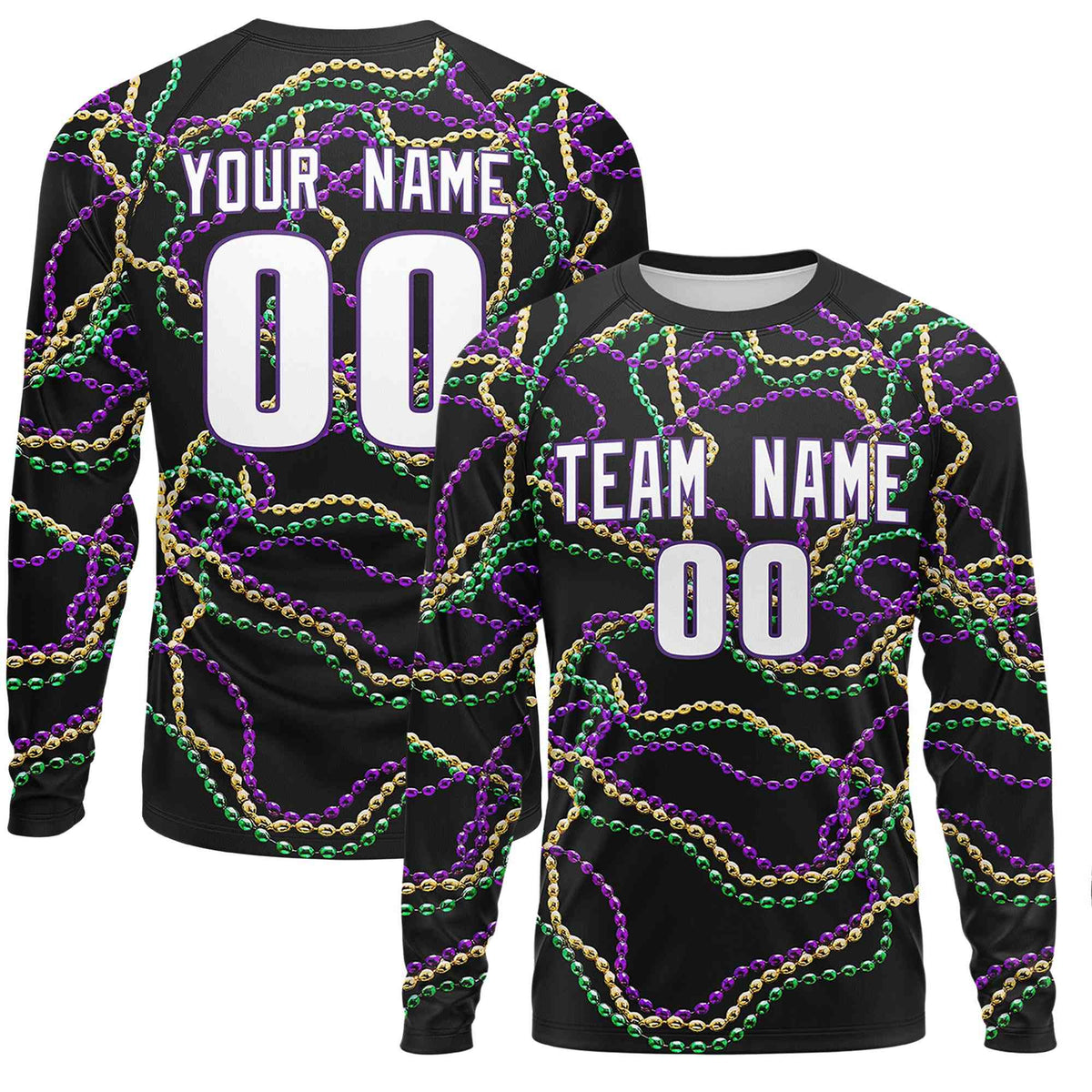 Custom Black Purple Crew Neck Personalized Mardi Gras Long Sleeve Performance T-shirt | KXKSHOP