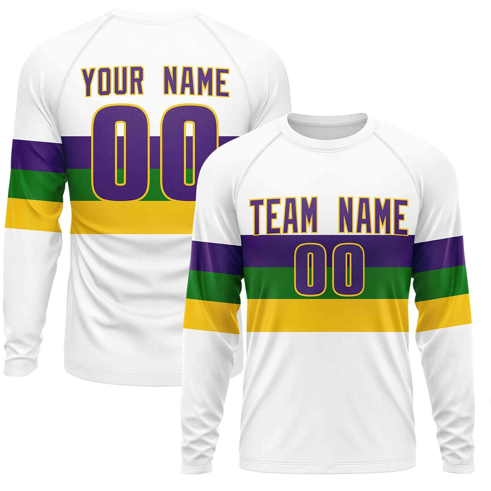 Custom White Purple Crew Neck Personalized Mardi Gras Long Sleeve Performance T-shirt | KXKSHOP