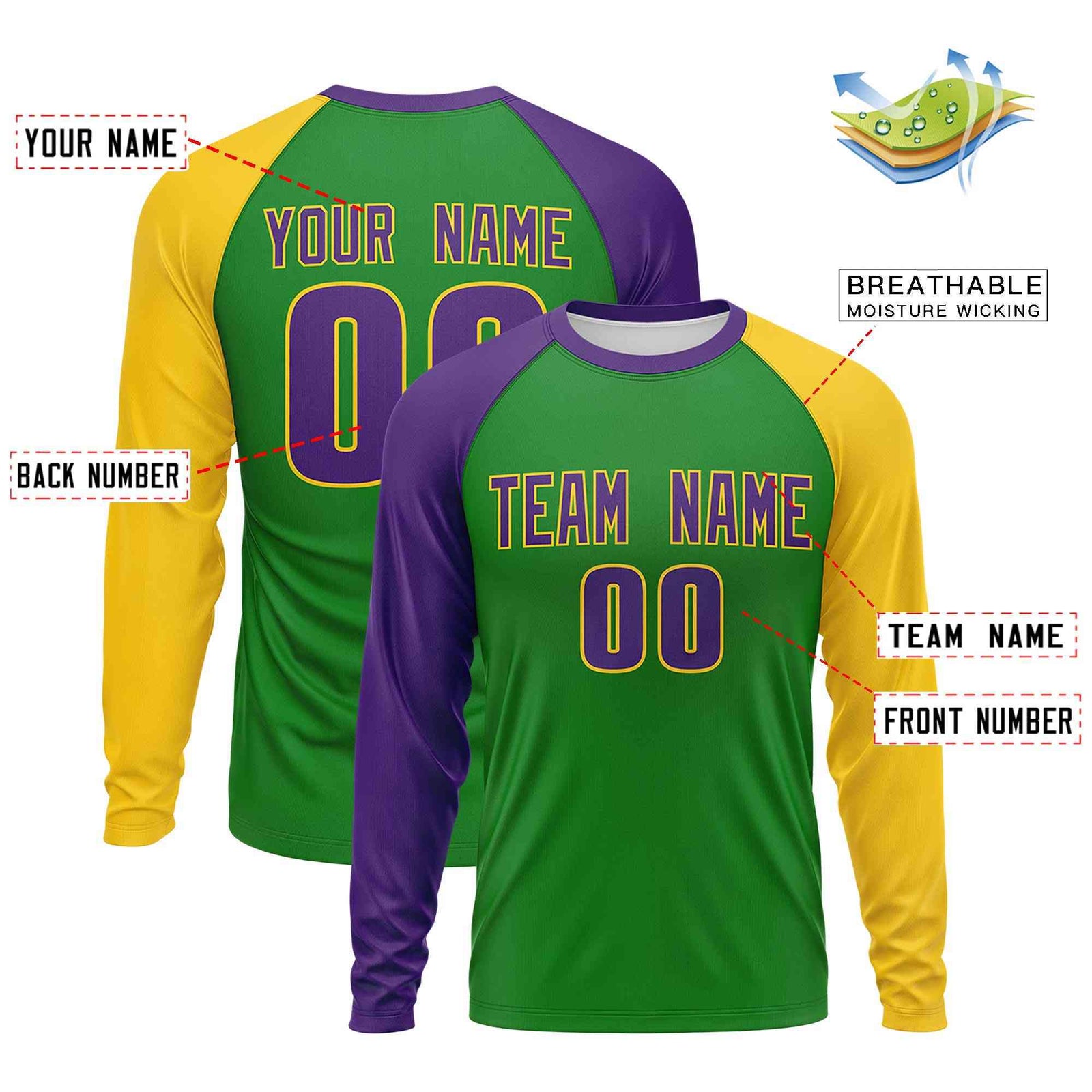 Custom Kelly Green Purple Crew Neck Personalized Mardi Gras Long Sleeve Performance T-shirt | KXKSHOP