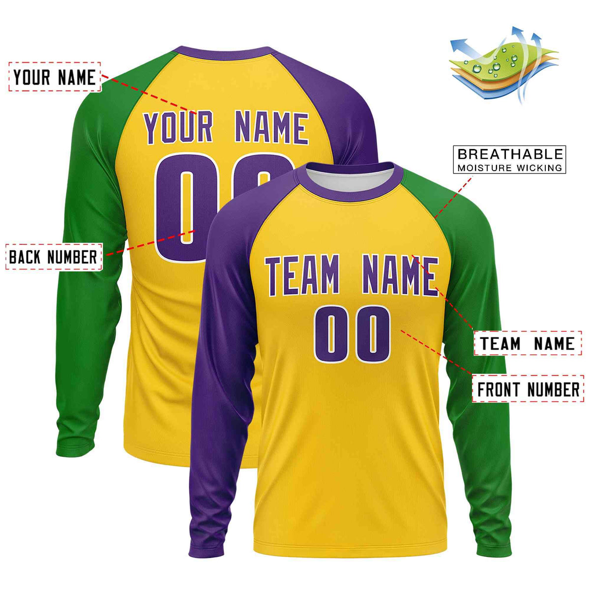 Custom Gold Purple Crew Neck Personalized Mardi Gras Long Sleeve Performance T-shirt | KXKSHOP