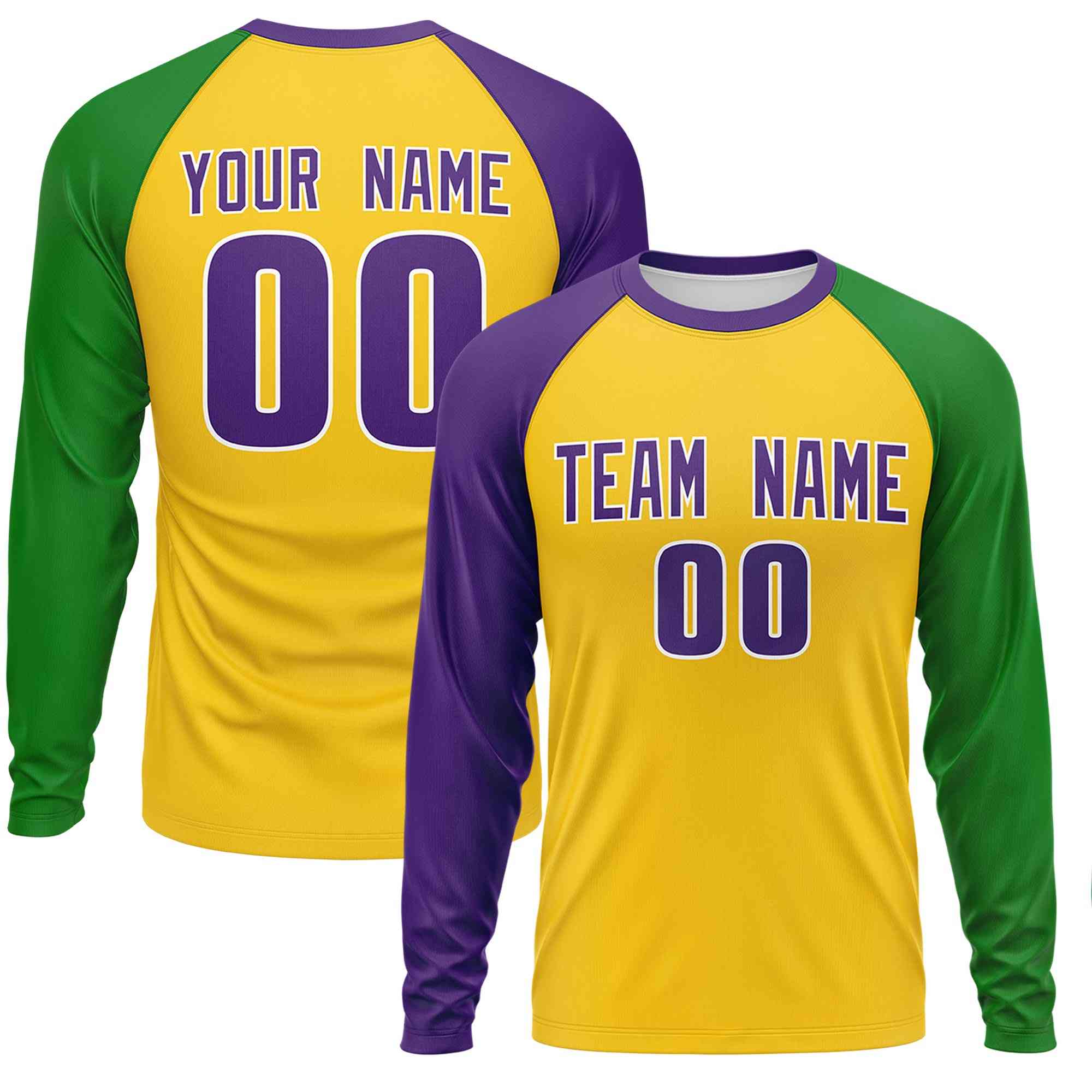 Custom Gold Purple Crew Neck Personalized Mardi Gras Long Sleeve Performance T-shirt | KXKSHOP