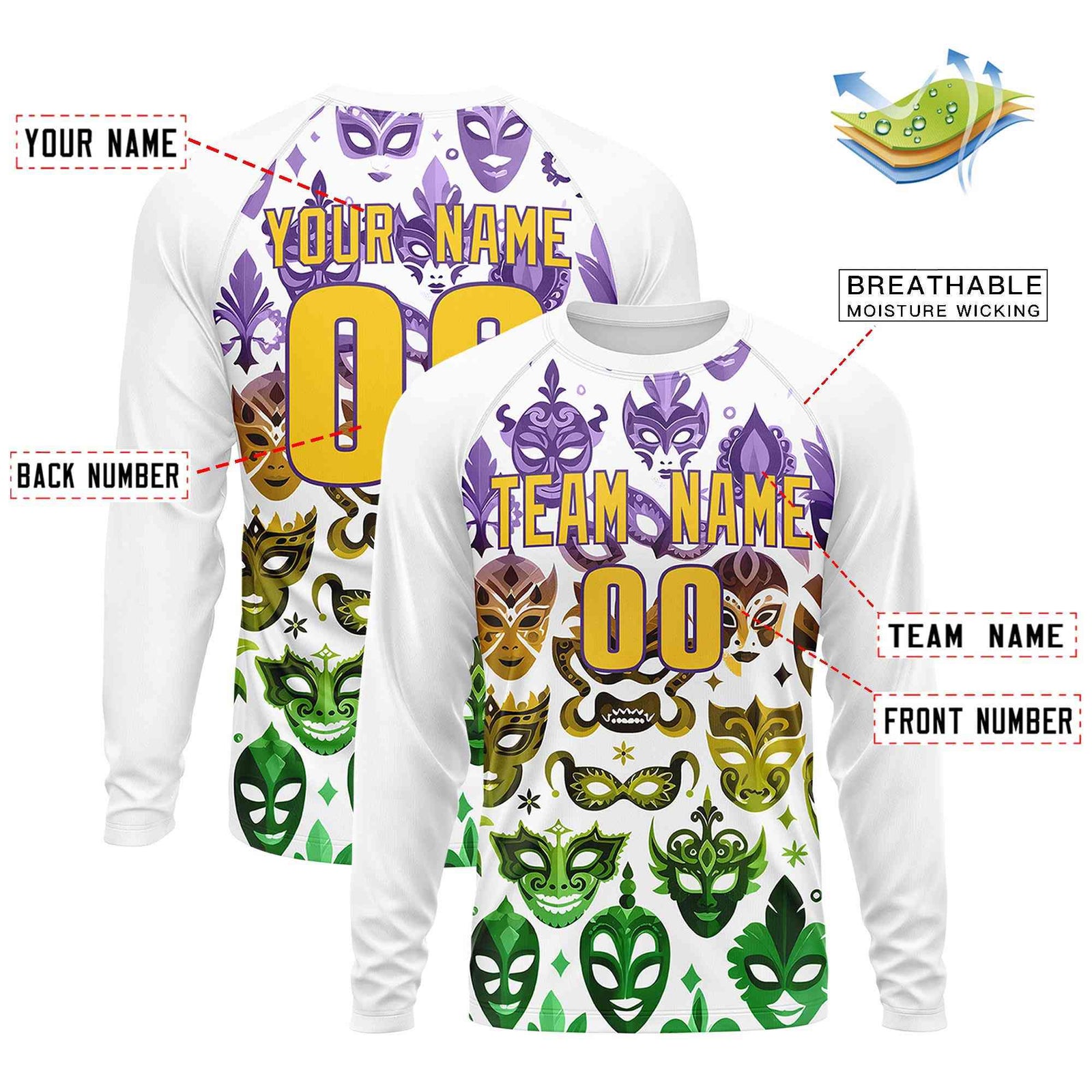 Custom White Gold Crew Neck Personalized Mardi Gras Long Sleeve Performance T-shirt | KXKSHOP