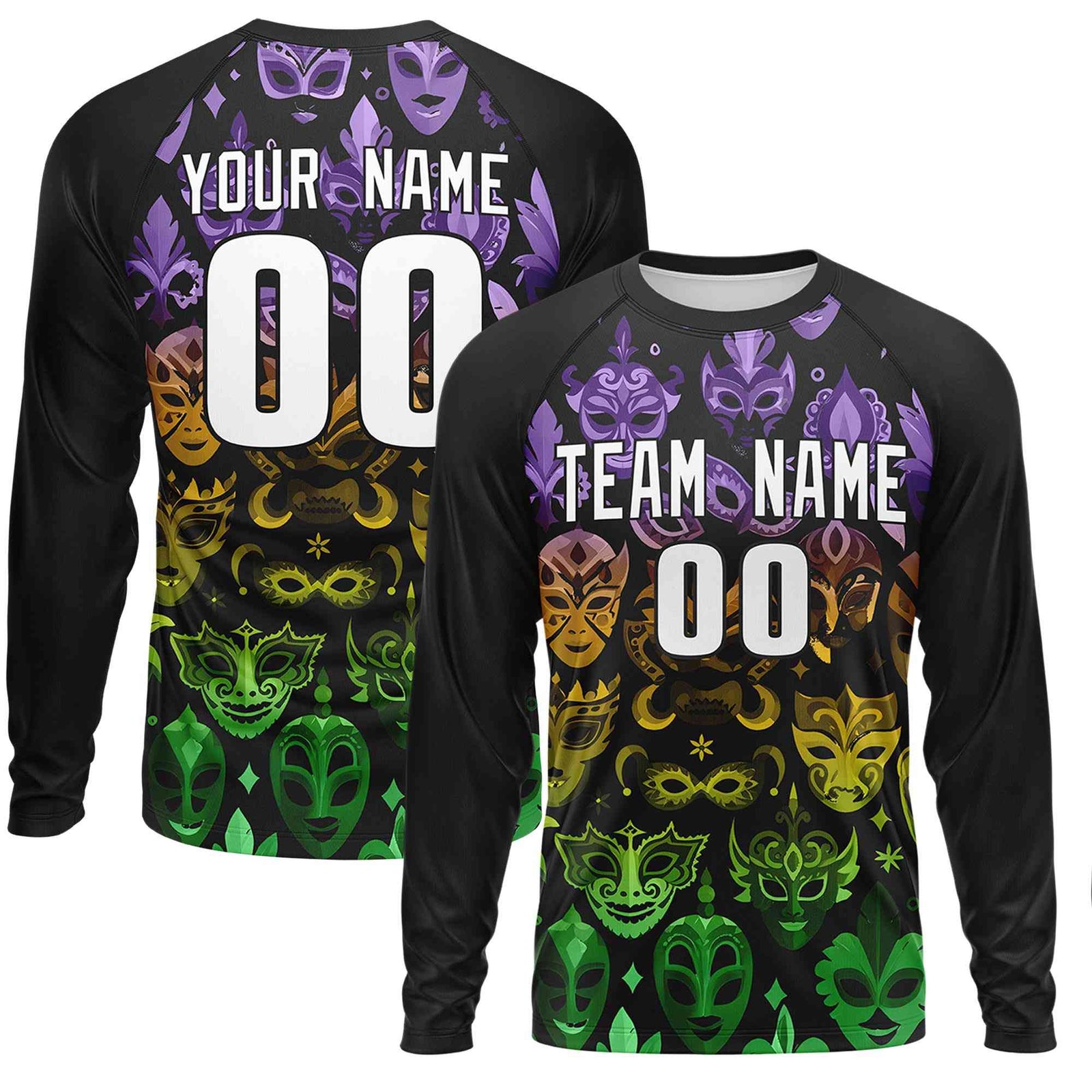 Custom Black White Crew Neck Personalized Mardi Gras Long Sleeve Performance T-shirt | KXKSHOP