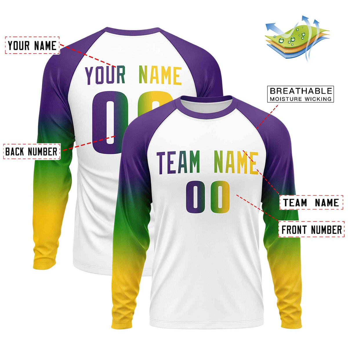 Custom White Purple Crew Neck Personalized Mardi Gras Long Sleeve Performance T-shirt | KXKSHOP