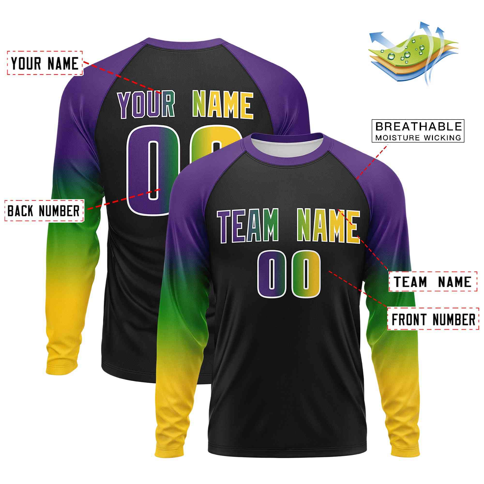Custom Black Purple Crew Neck Personalized Mardi Gras Long Sleeve Performance T-shirt | KXKSHOP