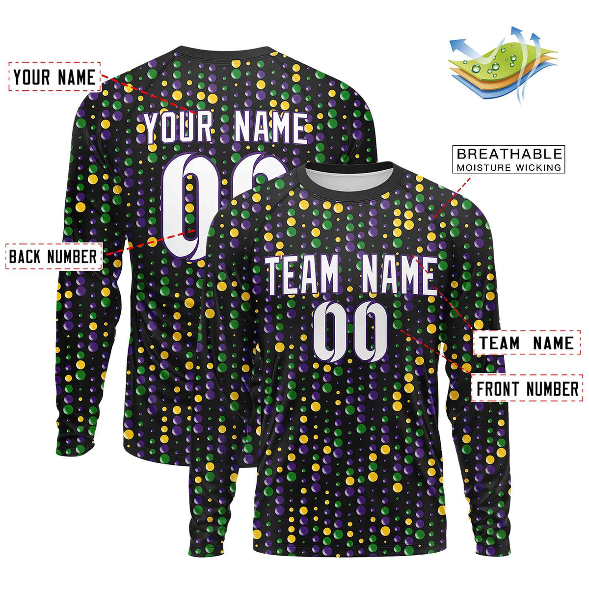 Custom Black White Crew Neck Personalized Mardi Gras Long Sleeve Performance T-shirt | KXKSHOP