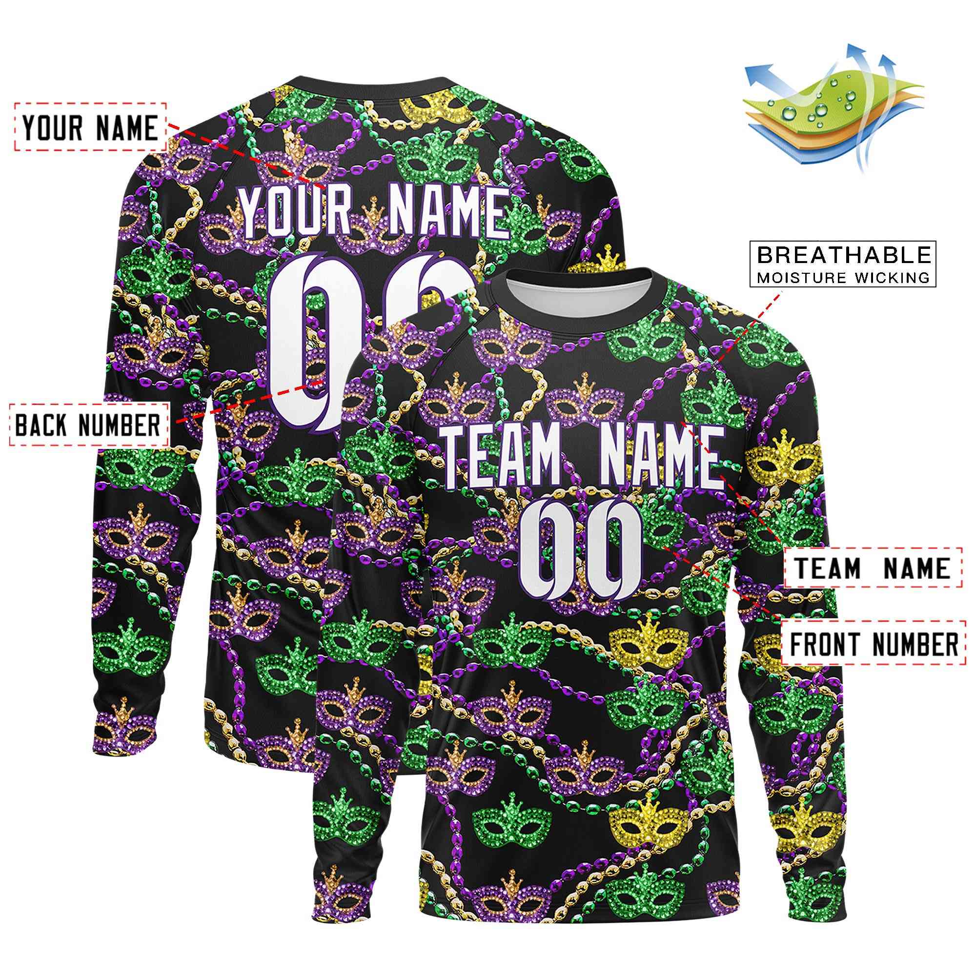 Custom Black White Crew Neck Personalized Mardi Gras Long Sleeve Performance T-shirt | KXKSHOP