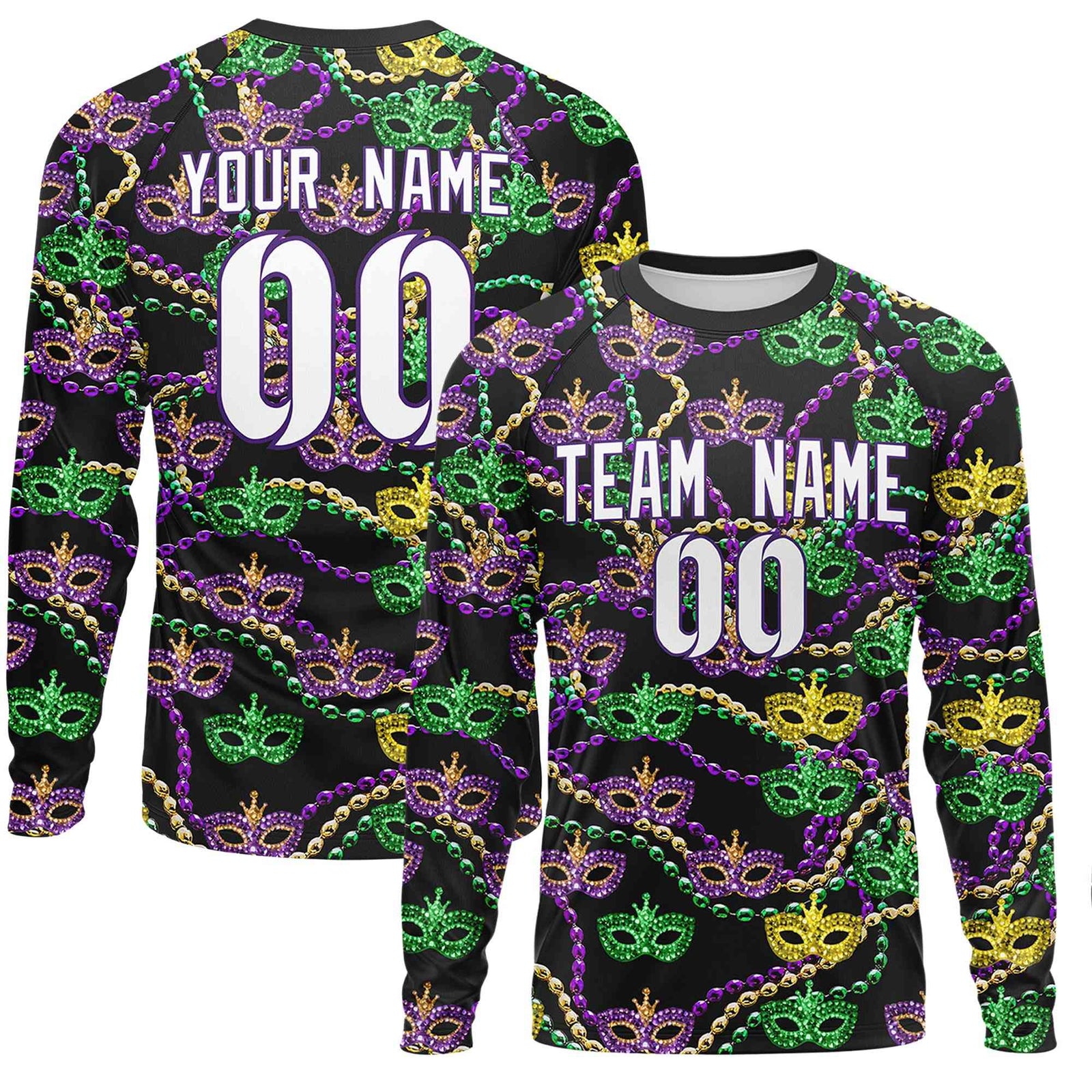 Custom Black White Crew Neck Personalized Mardi Gras Long Sleeve Performance T-shirt | KXKSHOP