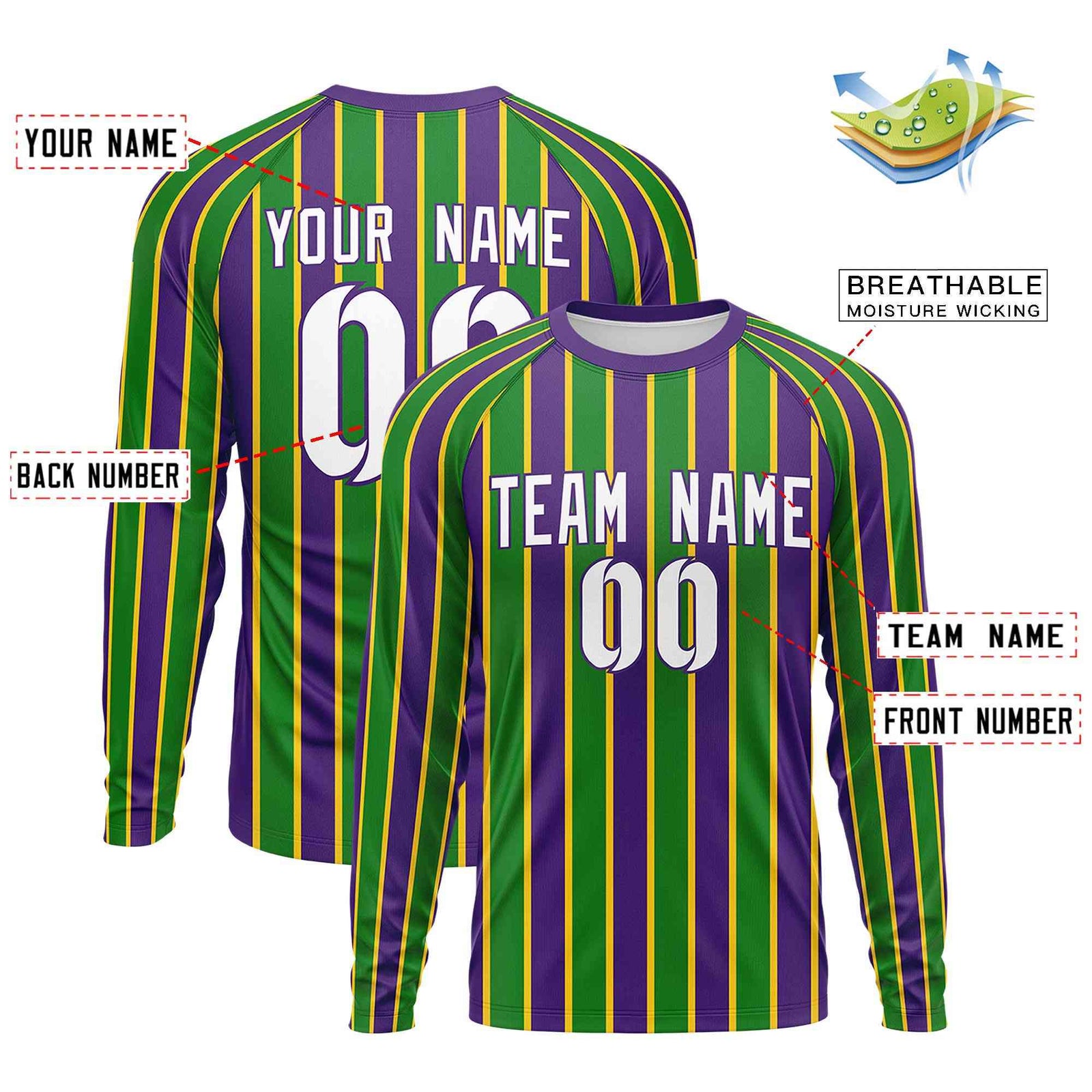 Custom Purple Kelly Green Crew Neck Personalized Mardi Gras Long Sleeve Performance T-shirt | KXKSHOP