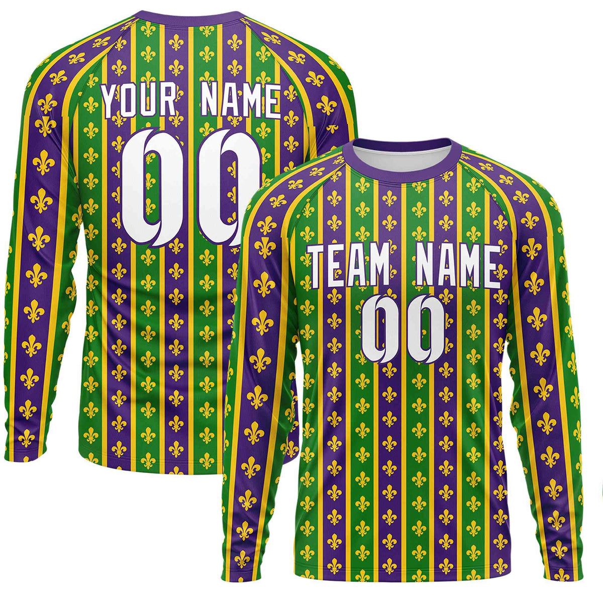 Custom Purple Kelly Green Crew Neck Personalized Mardi Gras Long Sleeve Performance T-shirt | KXKSHOP