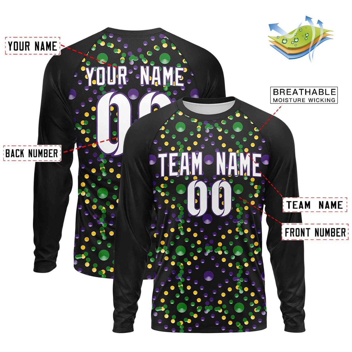 Custom Black Purple Crew Neck Personalized Mardi Gras Long Sleeve Performance T-shirt | KXKSHOP