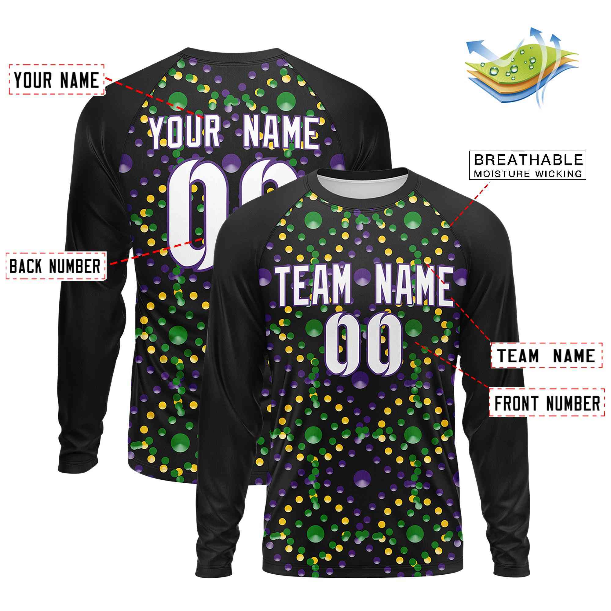 Custom Black Purple Crew Neck Personalized Mardi Gras Long Sleeve Performance T-shirt | KXKSHOP