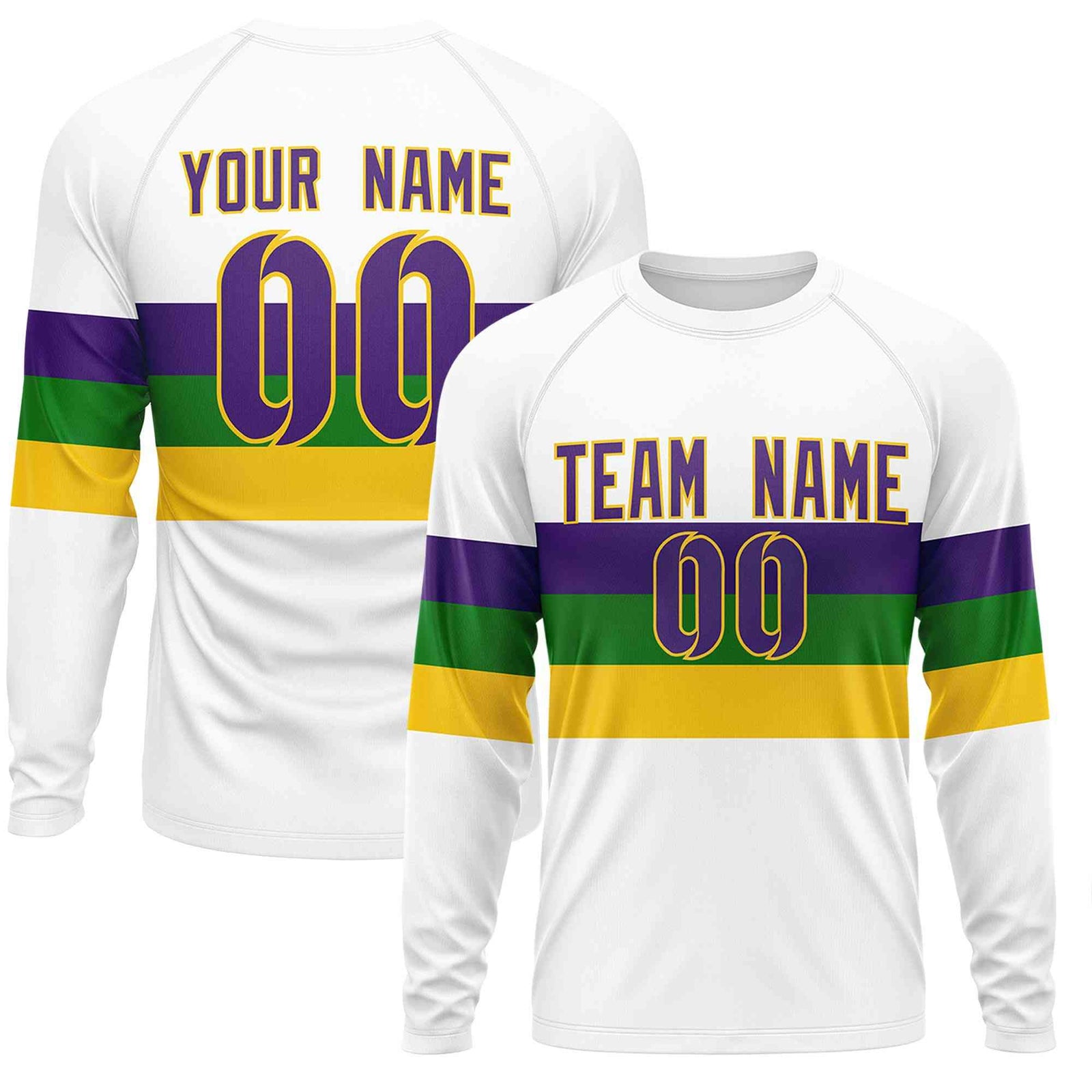 Custom White Purple Crew Neck Personalized Mardi Gras Long Sleeve Performance T-shirt | KXKSHOP