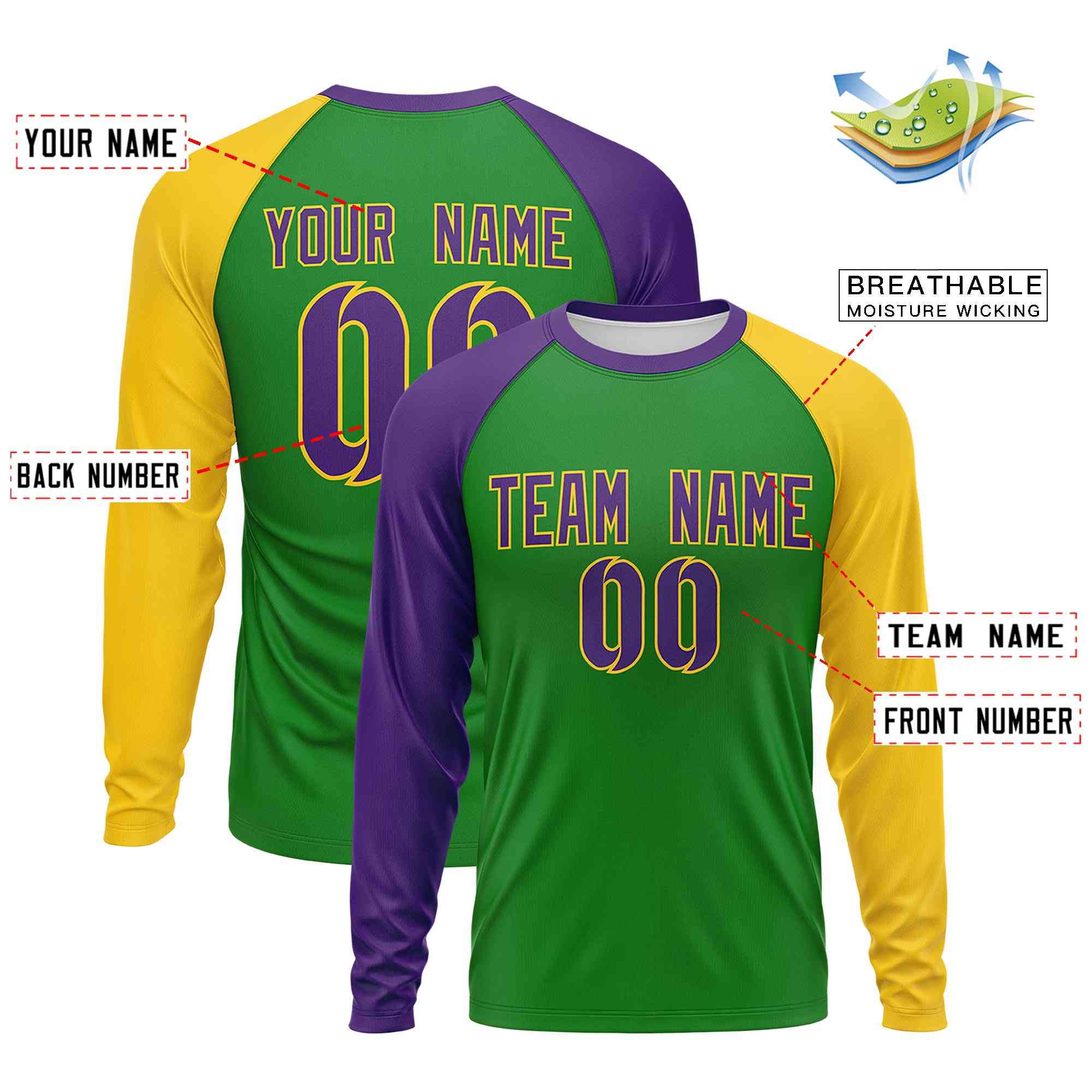 Custom Kelly Green Purple Crew Neck Personalized Mardi Gras Long Sleeve Performance T-shirt | KXKSHOP