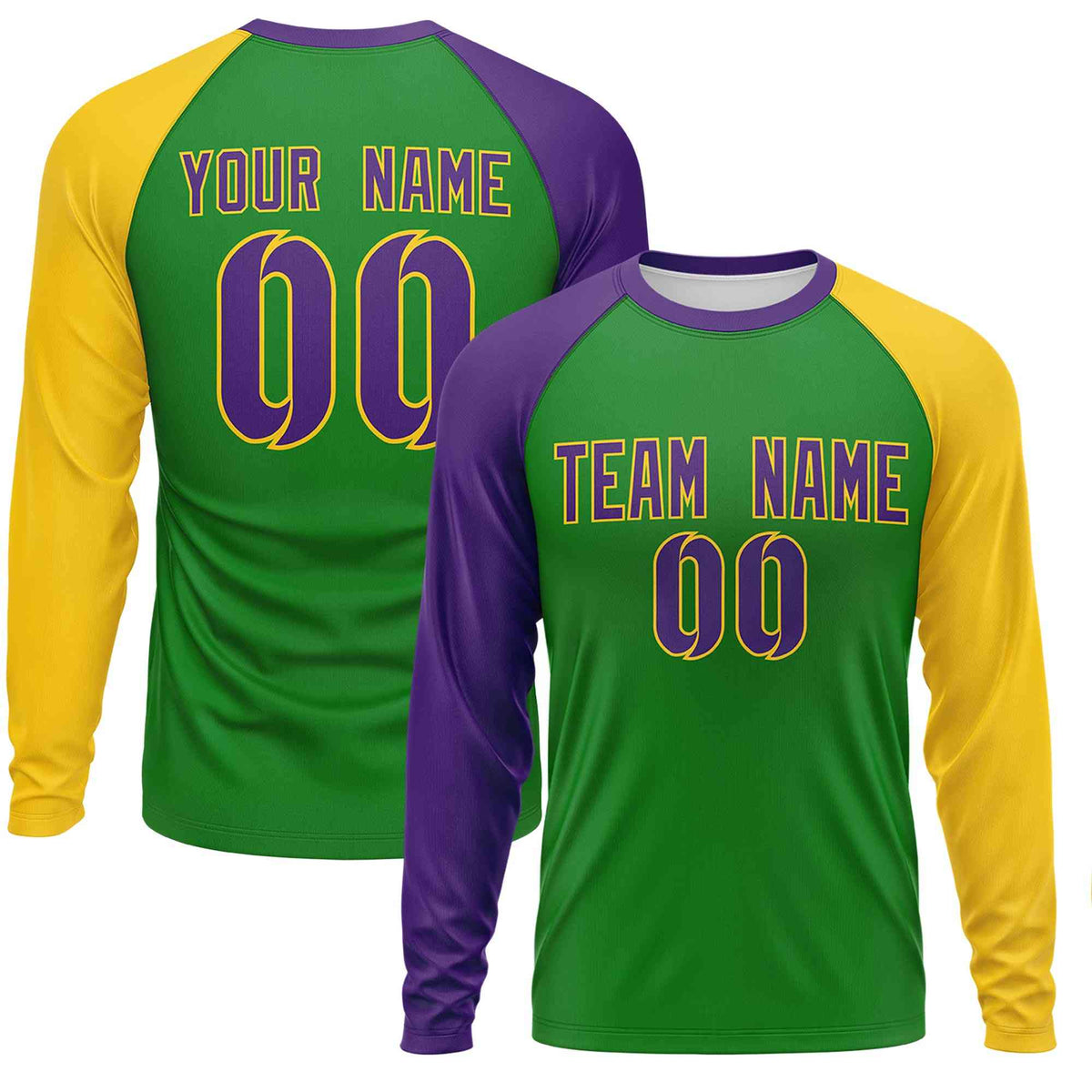 Custom Kelly Green Purple Crew Neck Personalized Mardi Gras Long Sleeve Performance T-shirt | KXKSHOP