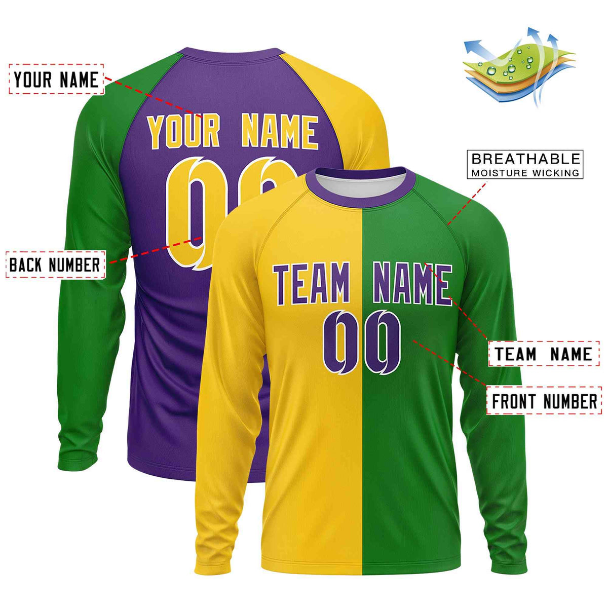 Custom Gold Kelly Green Crew Neck Personalized Mardi Gras Long Sleeve Performance T-shirt | KXKSHOP