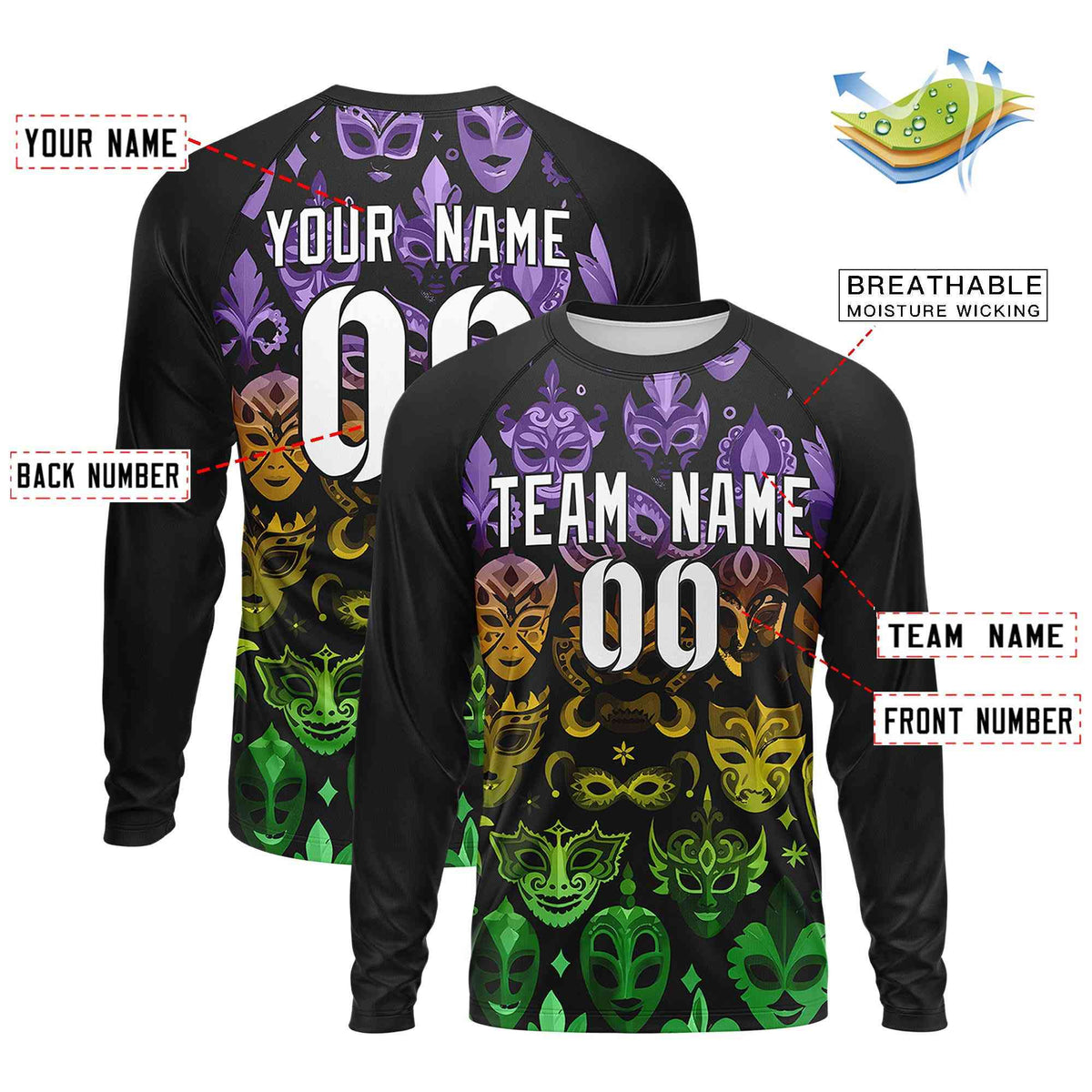 Custom Black White Crew Neck Personalized Mardi Gras Long Sleeve Performance T-shirt | KXKSHOP