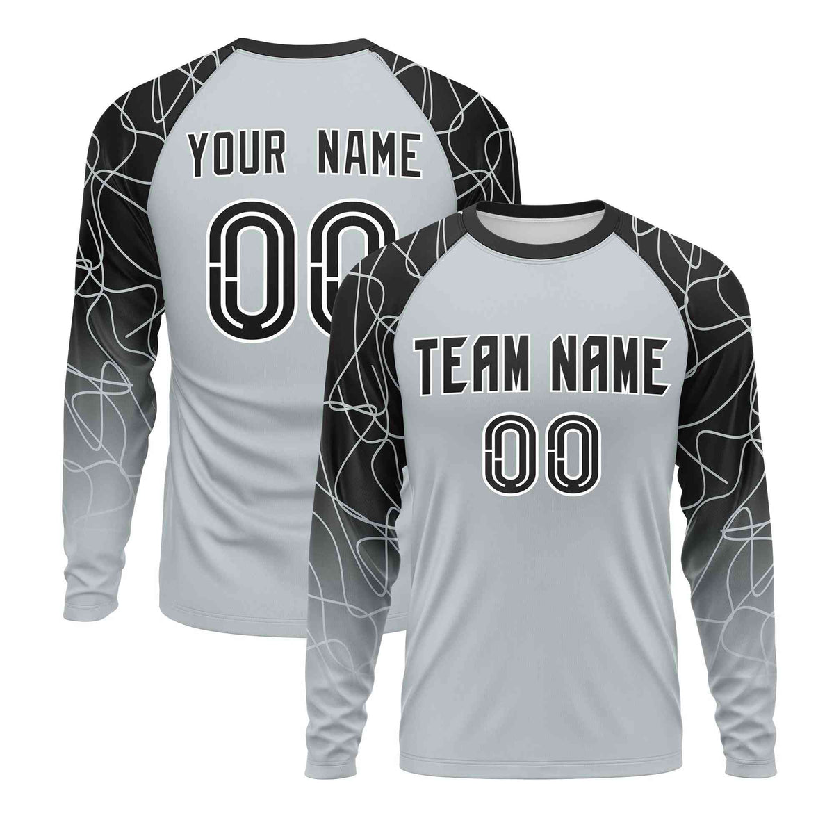 Custom Silver Black Tangled Lines Pattern Raglan Long Sleeve Performance T-Shirt