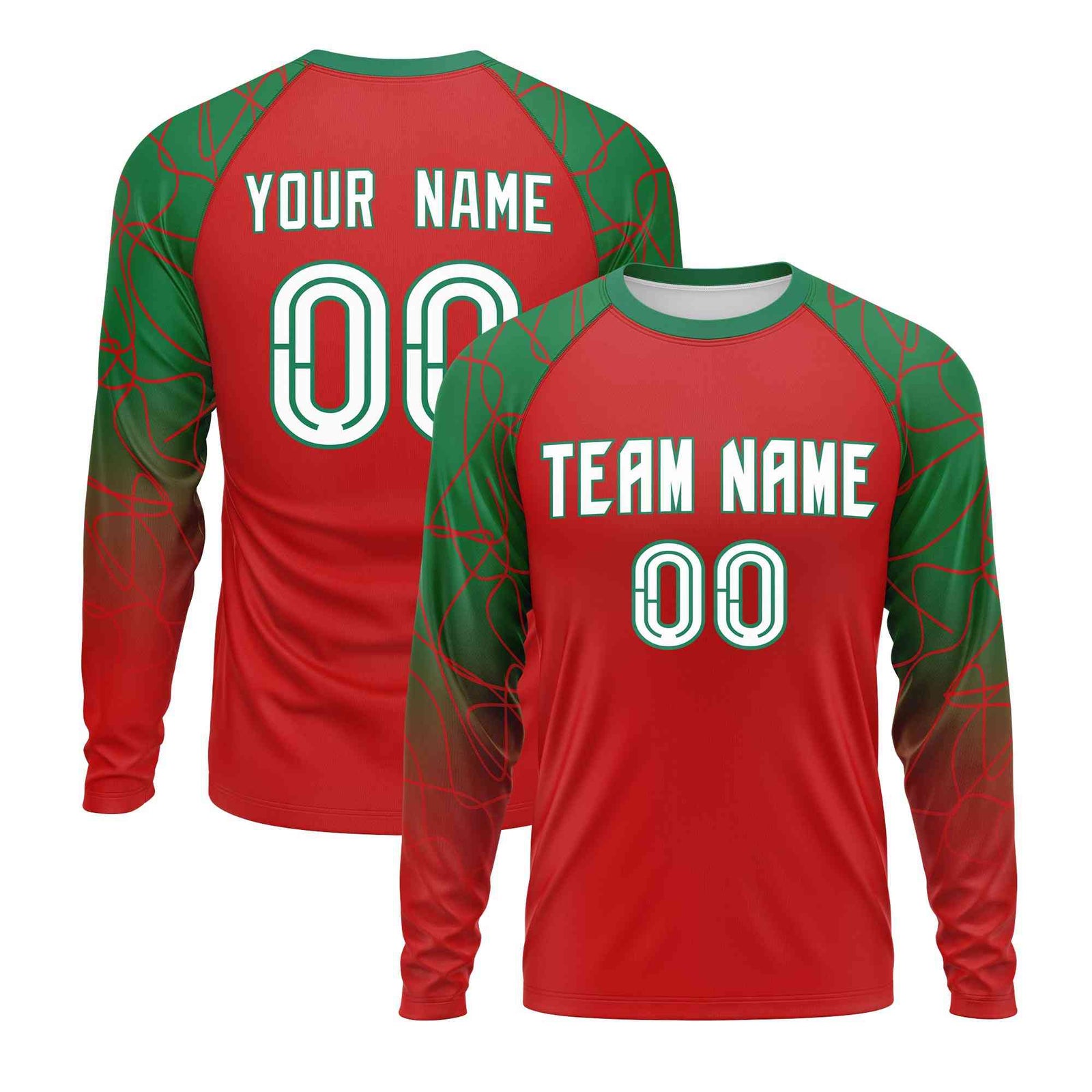 Custom Red Kelly Green Tangled Lines Pattern Raglan Long Sleeve Performance T-Shirt