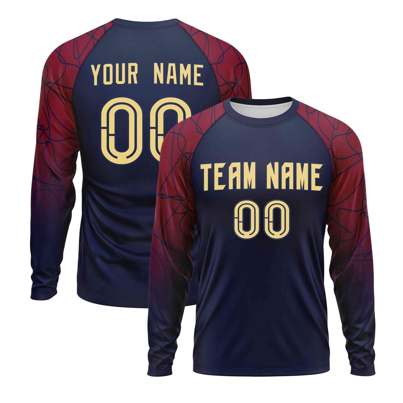 Custom Navy Crimson Tangled Lines Pattern Raglan Long Sleeve Performance T-Shirt