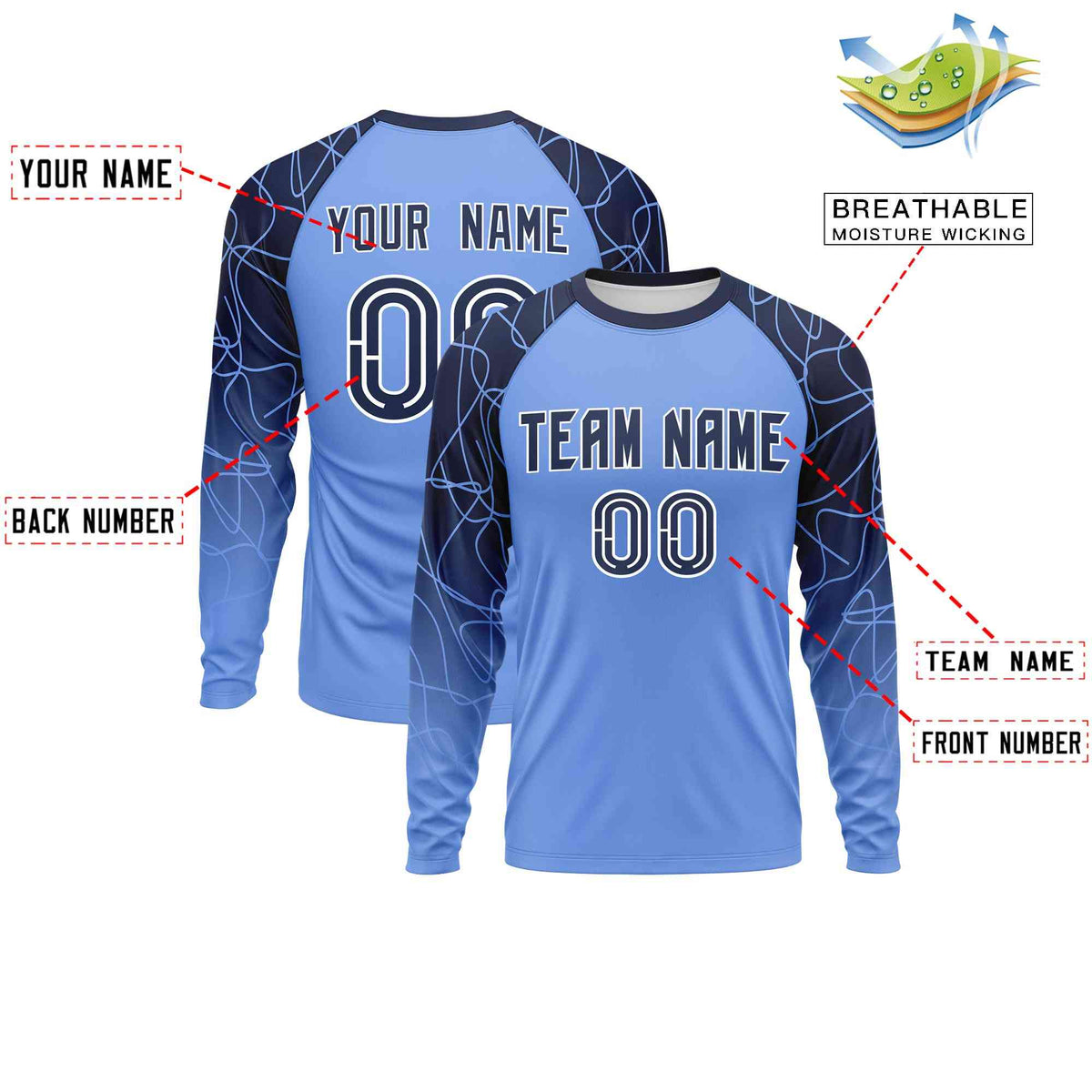 Custom Light Blue Navy Tangled Lines Pattern Raglan Long Sleeve Performance T-Shirt