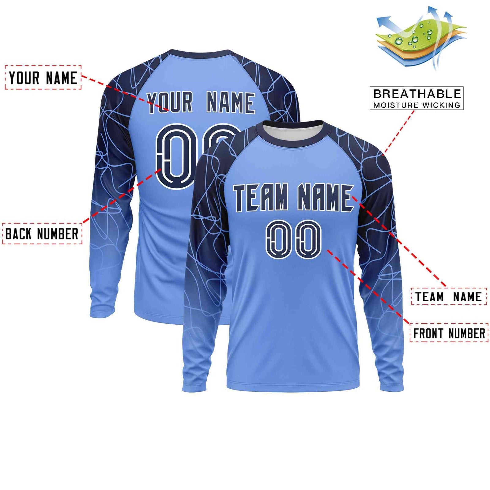 Custom Light Blue Navy Tangled Lines Pattern Raglan Long Sleeve Performance T-Shirt