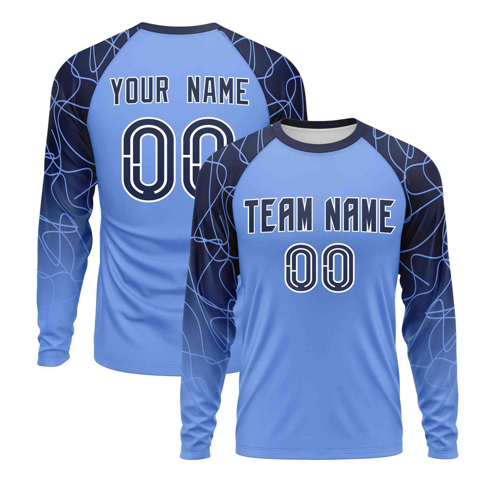 Custom Light Blue Navy Tangled Lines Pattern Raglan Long Sleeve Performance T-Shirt
