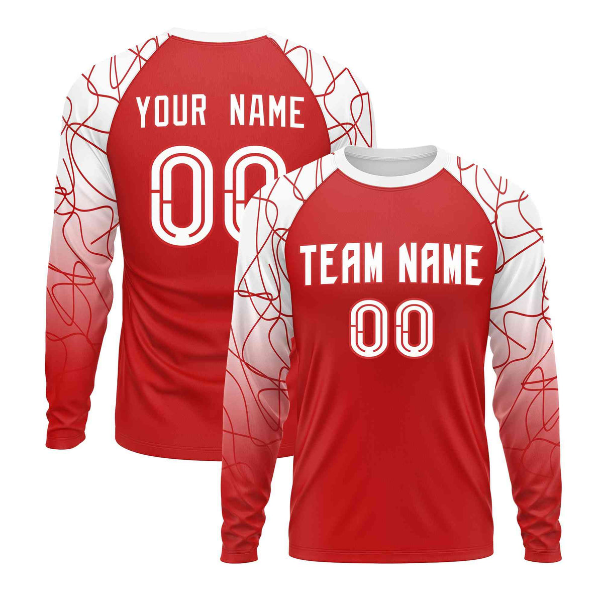Custom Red White Tangled Lines Pattern Raglan Long Sleeve Performance T-Shirt