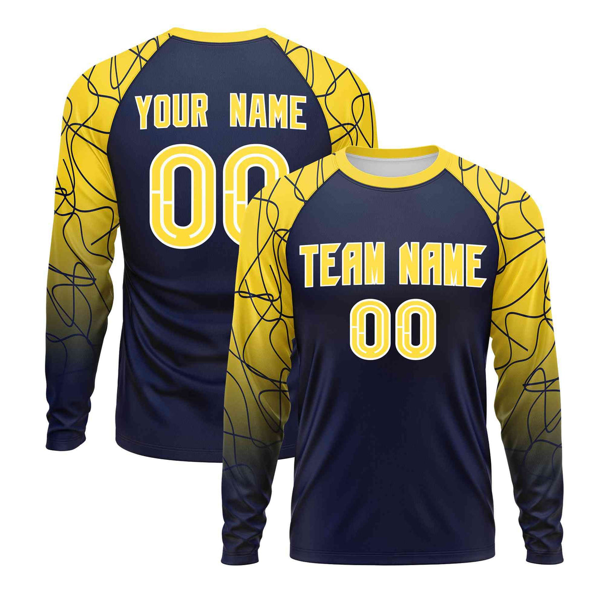 Custom Navy Gold Tangled Lines Pattern Raglan Long Sleeve Performance T-Shirt