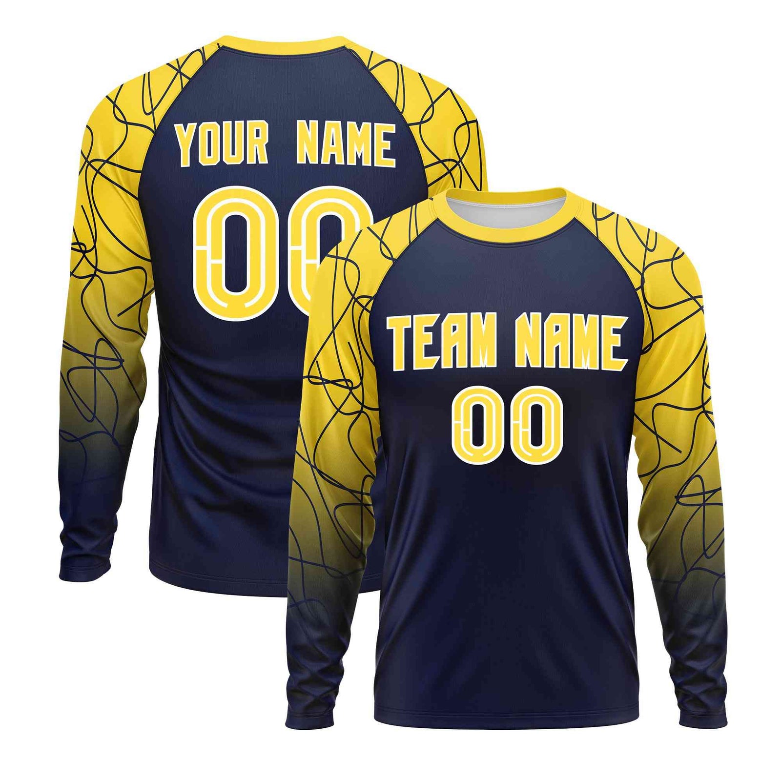 Custom Navy Gold Tangled Lines Pattern Raglan Long Sleeve Performance T-Shirt