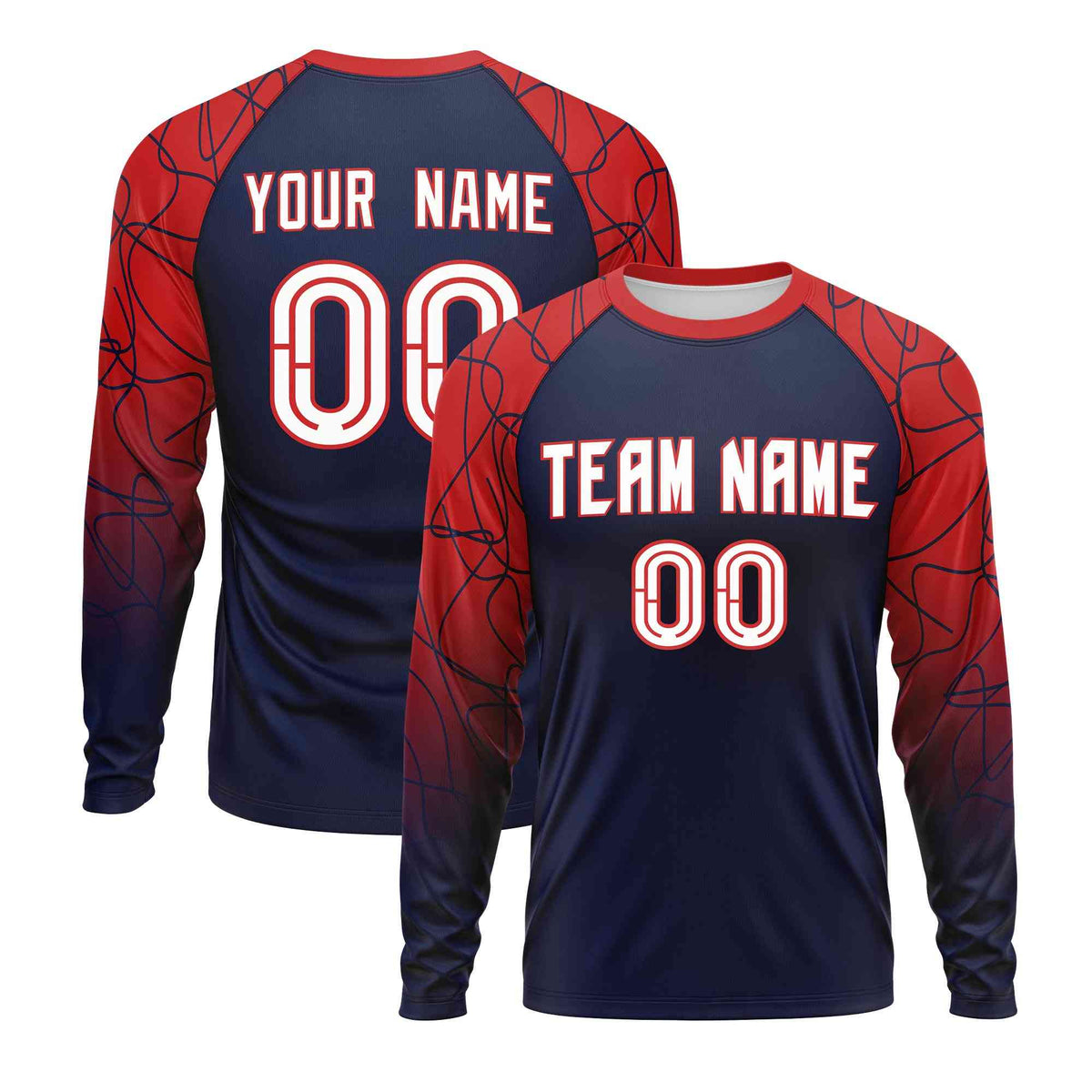 Custom Navy Red Tangled Lines Pattern Raglan Long Sleeve Performance T-Shirt