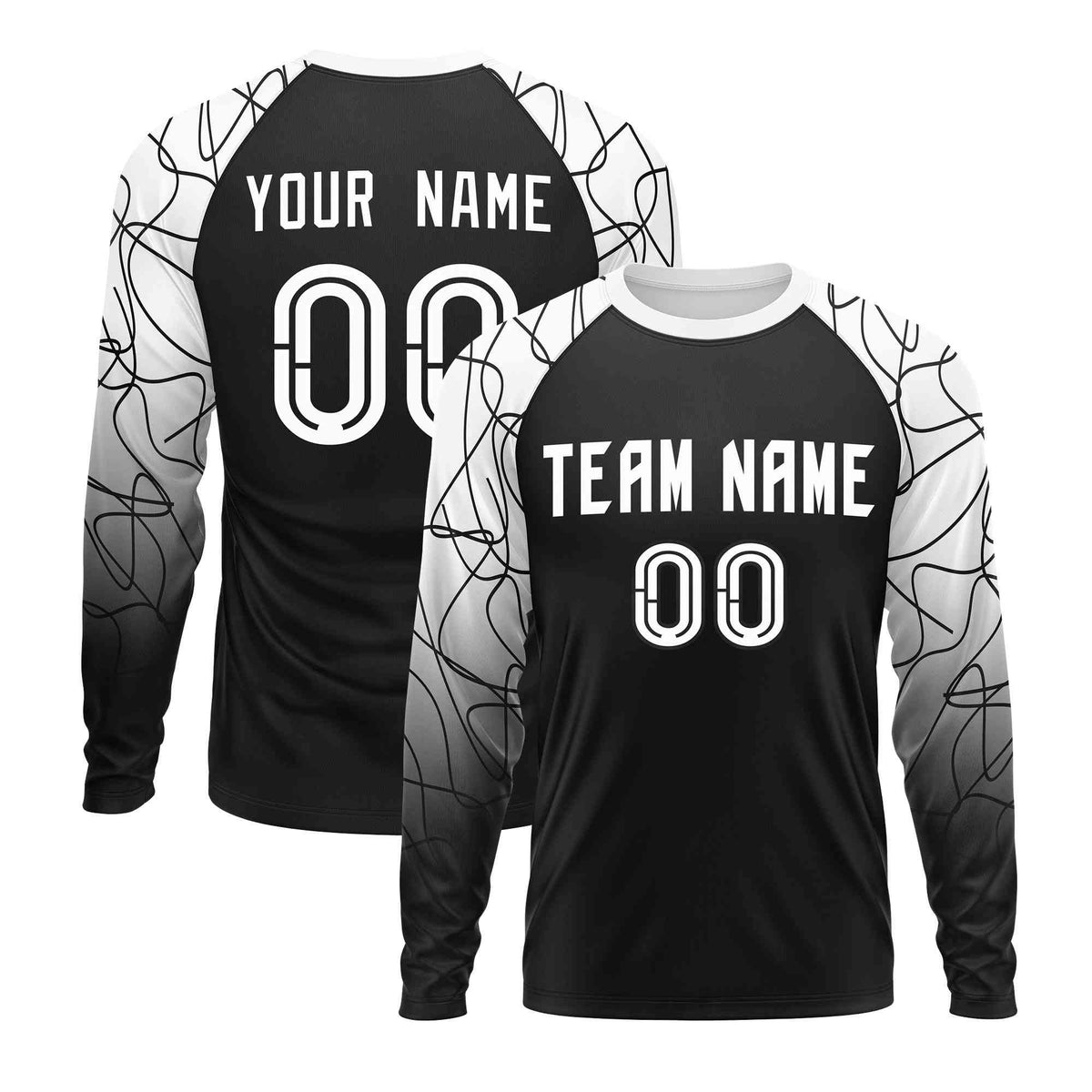 Custom Black White Tangled Lines Pattern Raglan Long Sleeve Performance T-Shirt