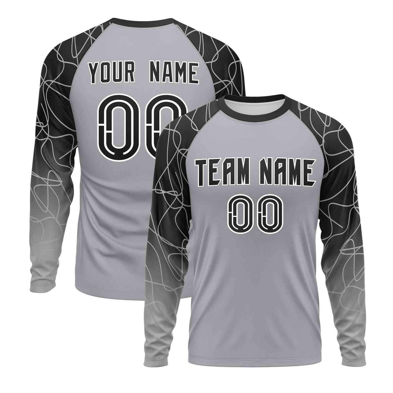 Custom Black Silver Tangled Lines Pattern Raglan Long Sleeve Performance T-Shirt