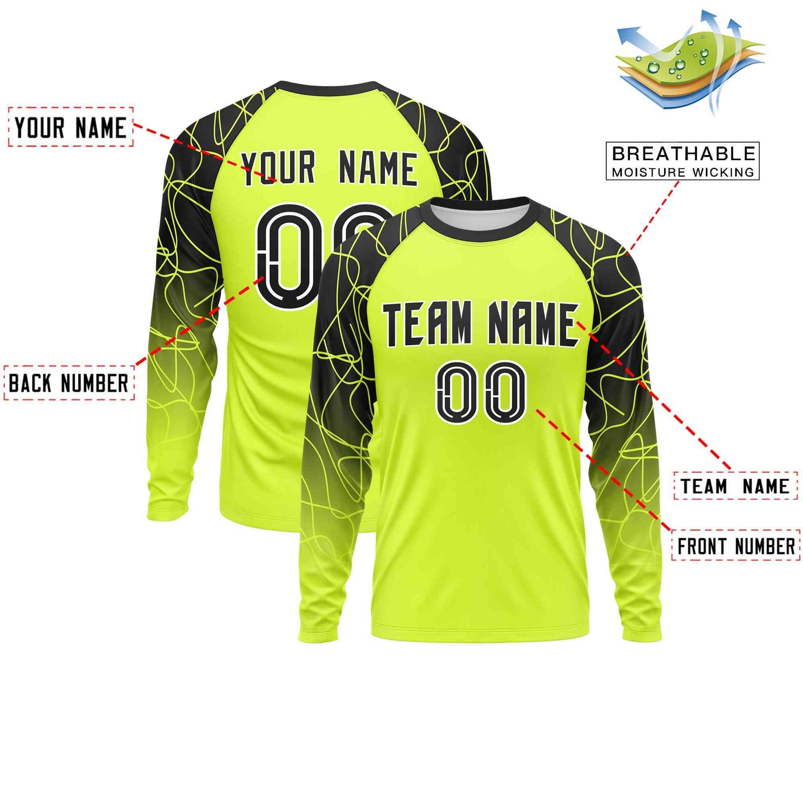 Custom Fluorescent Green Black Tangled Lines Pattern Raglan Long Sleeve Performance T-Shirt
