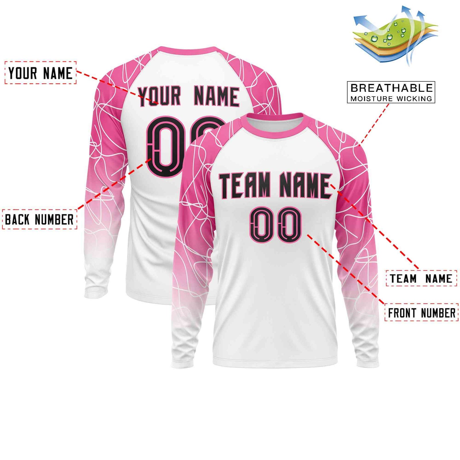 Custom White Pink Tangled Lines Pattern Raglan Long Sleeve Performance T-Shirt