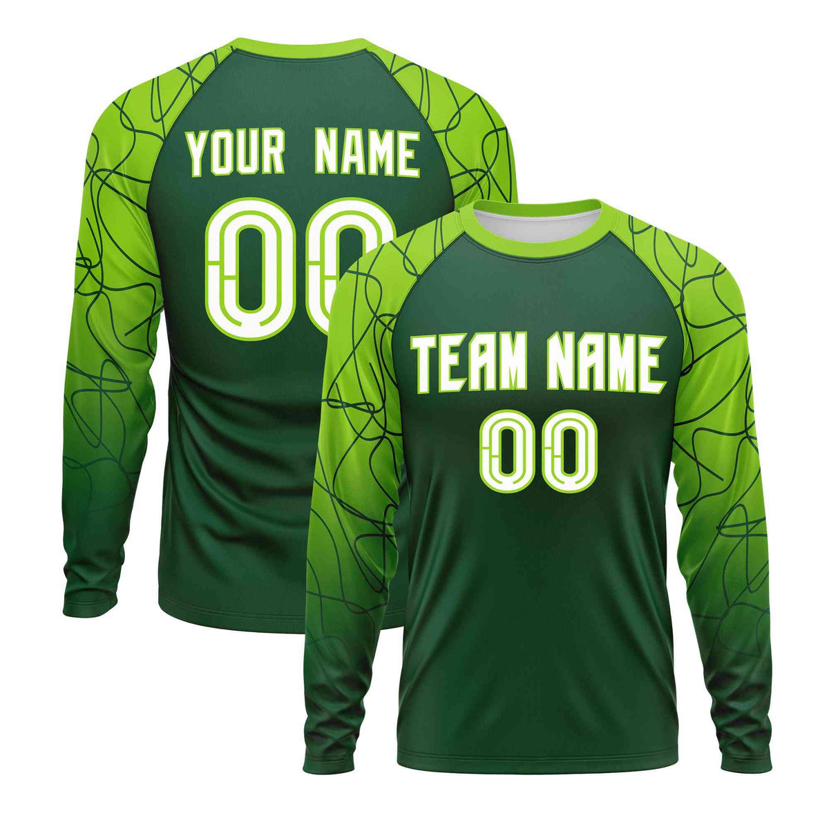 Custom Green Neon Green Tangled Lines Pattern Raglan Long Sleeve Performance T-Shirt