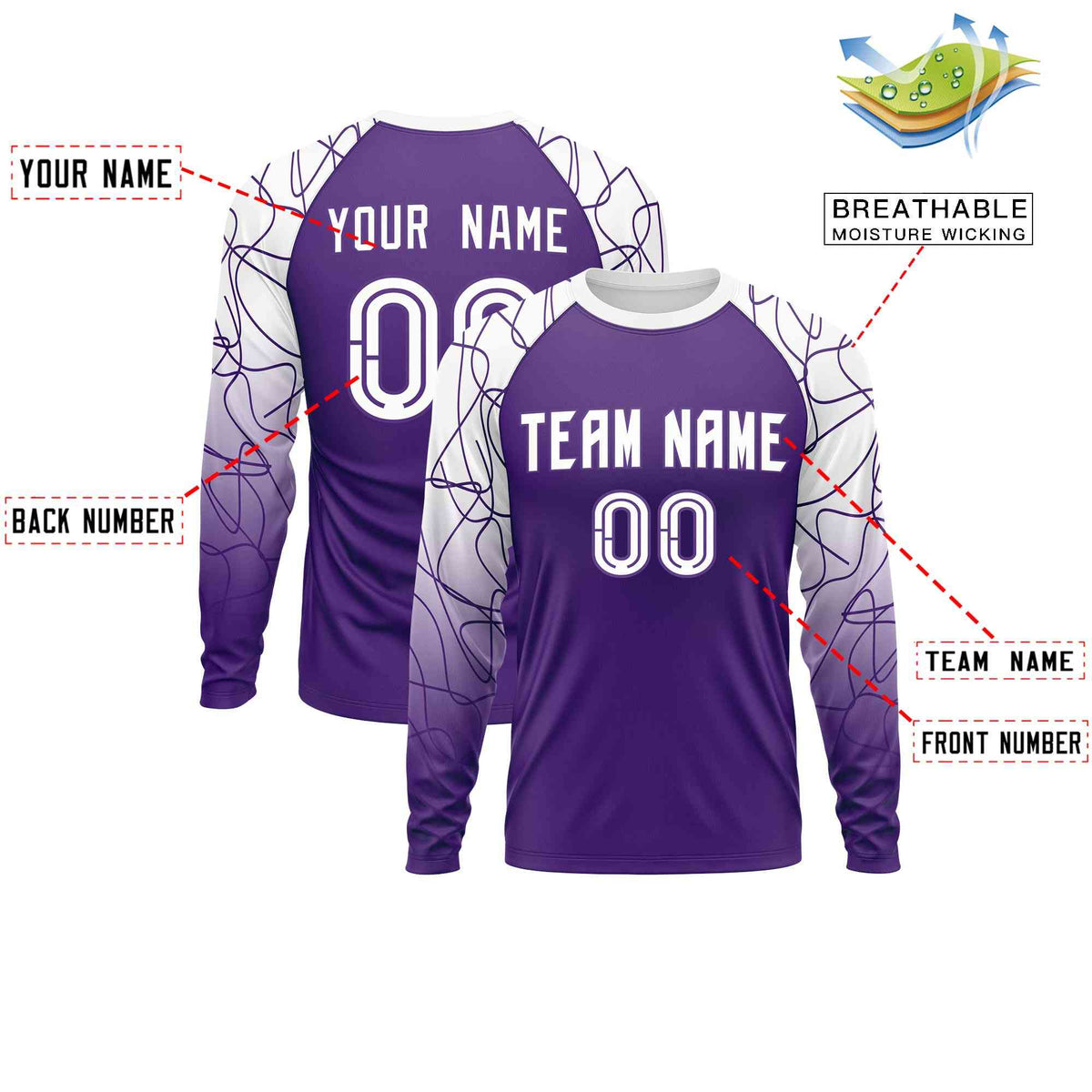 Custom Purple White Tangled Lines Pattern Raglan Long Sleeve Performance T-Shirt