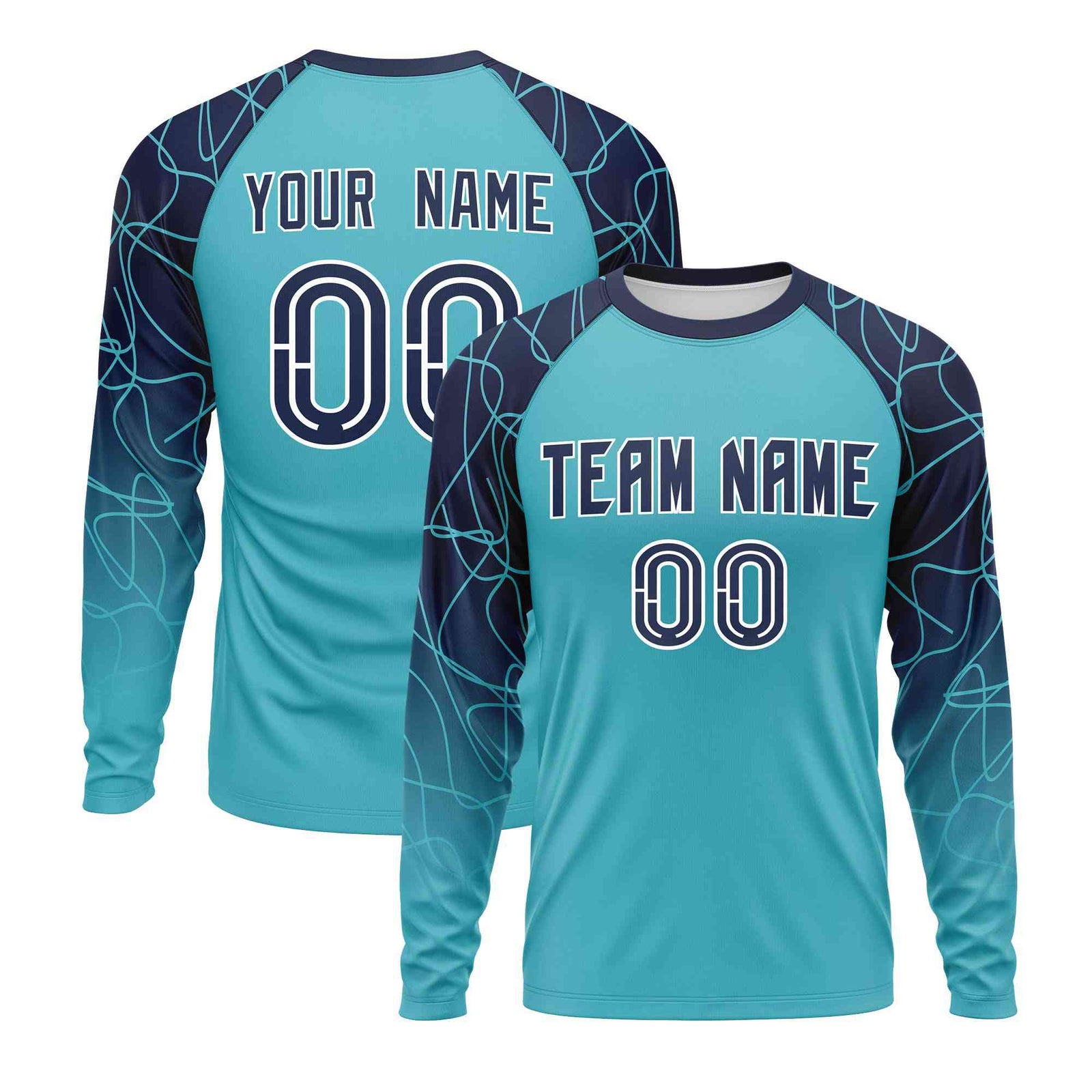Custom Sky Blue Navy Tangled Lines Pattern Raglan Long Sleeve Performance T-Shirt