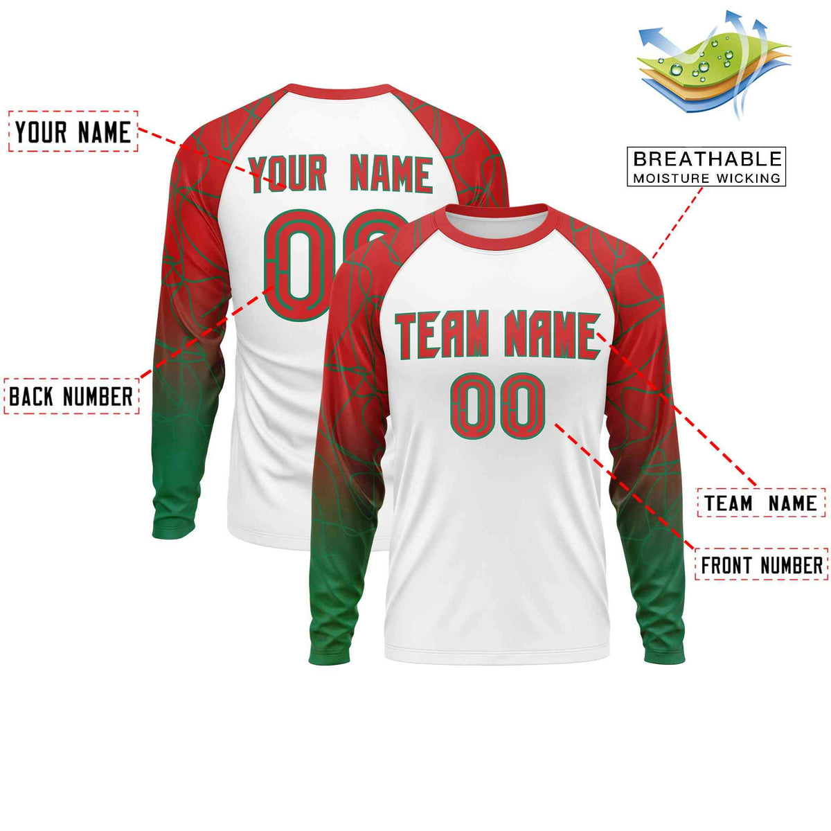 Custom White Red Tangled Lines Pattern Raglan Long Sleeve Performance T-Shirt