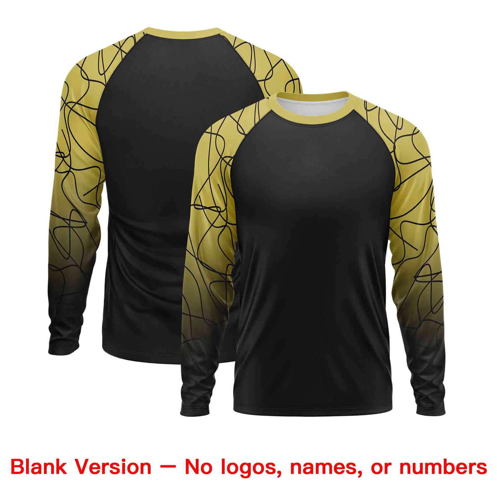 Custom Black Old Gold Tangled Lines Pattern Raglan Long Sleeve Performance T-Shirt