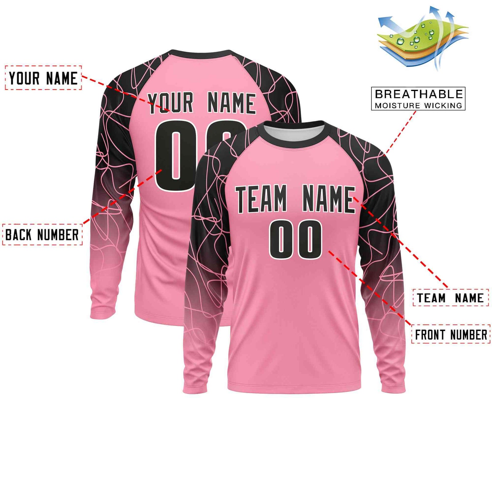 Custom Light Pink Black Tangled Lines Pattern Raglan Long Sleeve Performance T-Shirt| KXKSHOP
