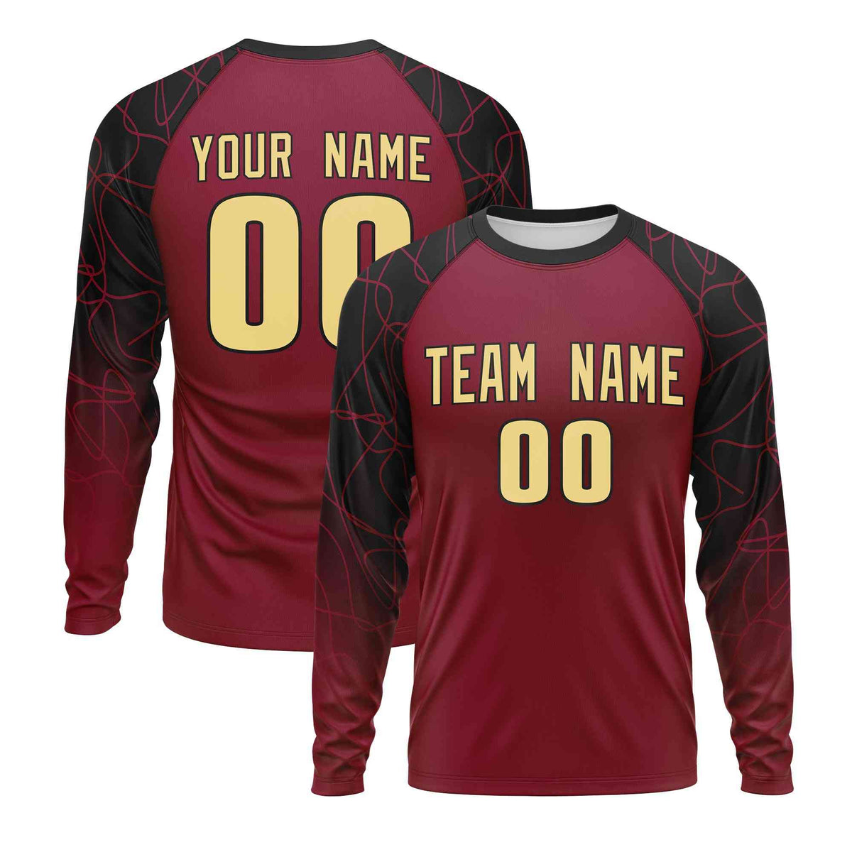 Custom Crimson Black Tangled Lines Pattern Raglan Long Sleeve Performance T-Shirt| KXKSHOP