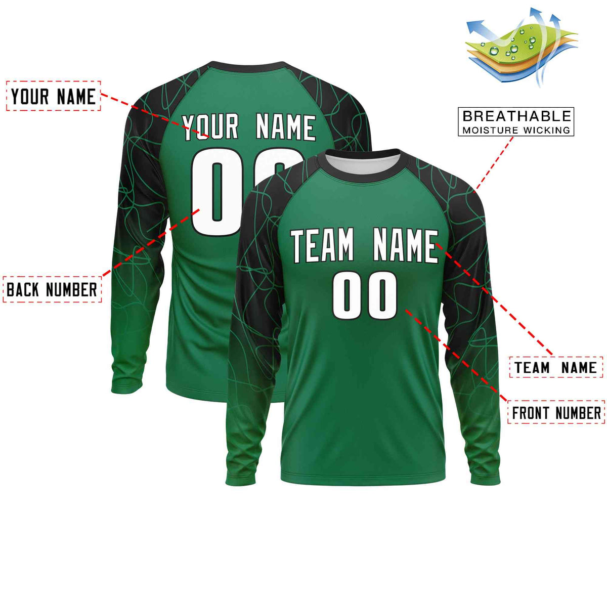 Custom Kelly Green Black Tangled Lines Pattern Raglan Long Sleeve Performance T-Shirt| KXKSHOP