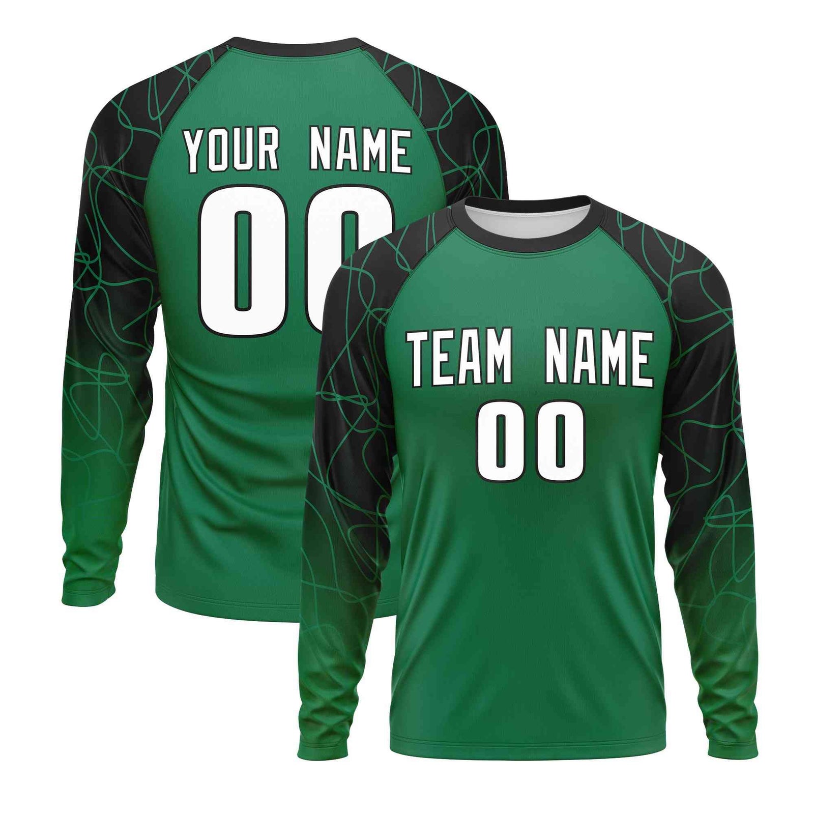 Custom Kelly Green Black Tangled Lines Pattern Raglan Long Sleeve Performance T-Shirt| KXKSHOP