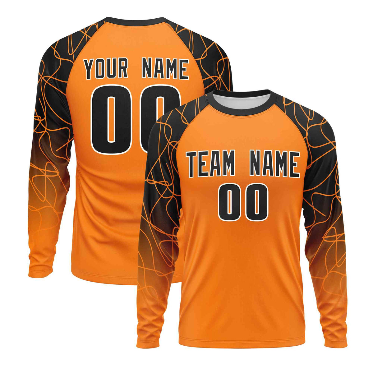 Custom Orange Black Tangled Lines Pattern Raglan Long Sleeve Performance T-Shirt| KXKSHOP