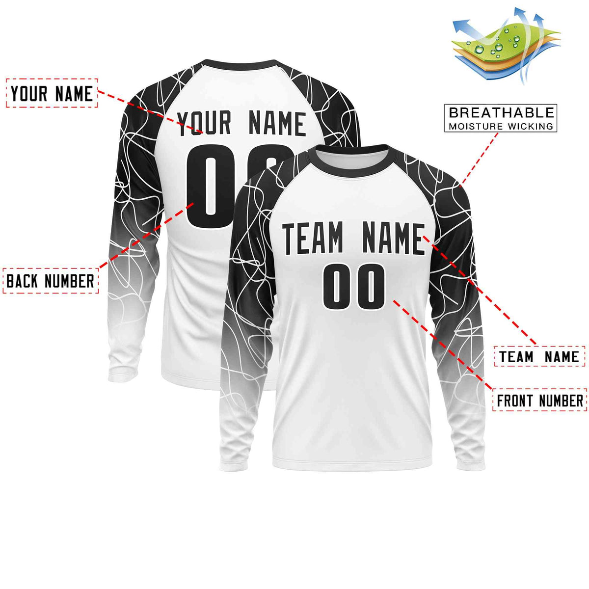 Custom White Black Tangled Lines Pattern Raglan Long Sleeve Performance T-Shirt| KXKSHOP