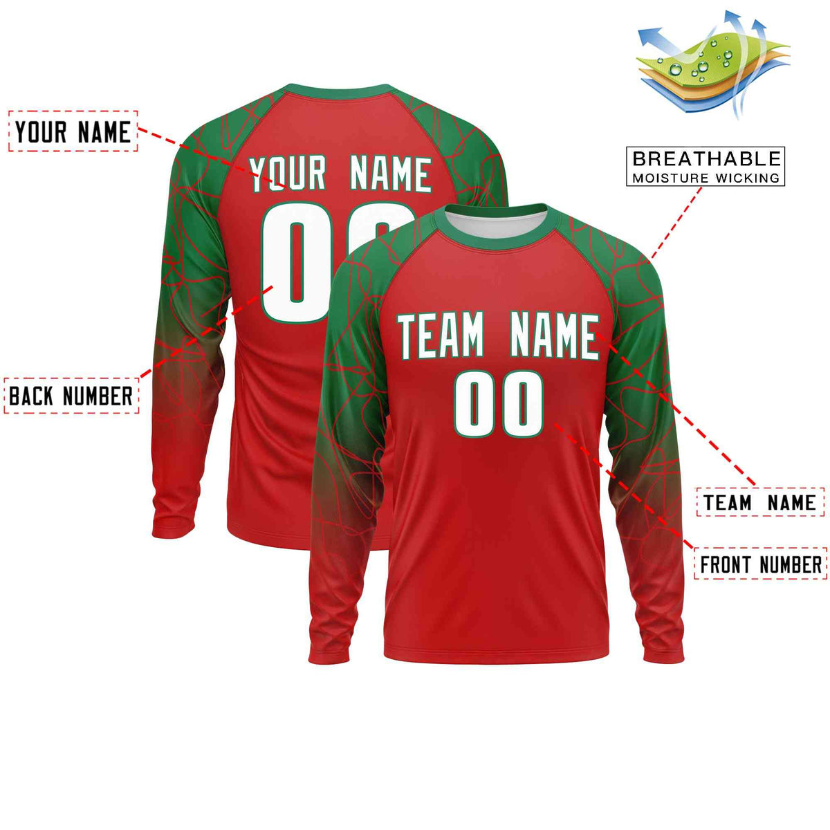 Custom Red Kelly Green Tangled Lines Pattern Raglan Long Sleeve Performance T-Shirt| KXKSHOP
