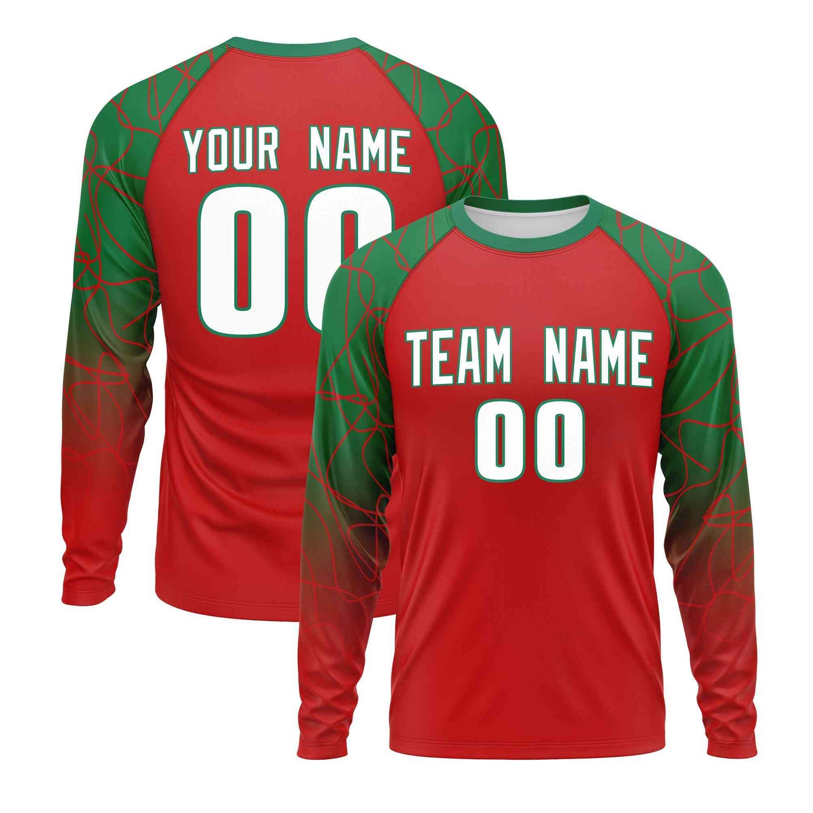 Custom Red Kelly Green Tangled Lines Pattern Raglan Long Sleeve Performance T-Shirt| KXKSHOP