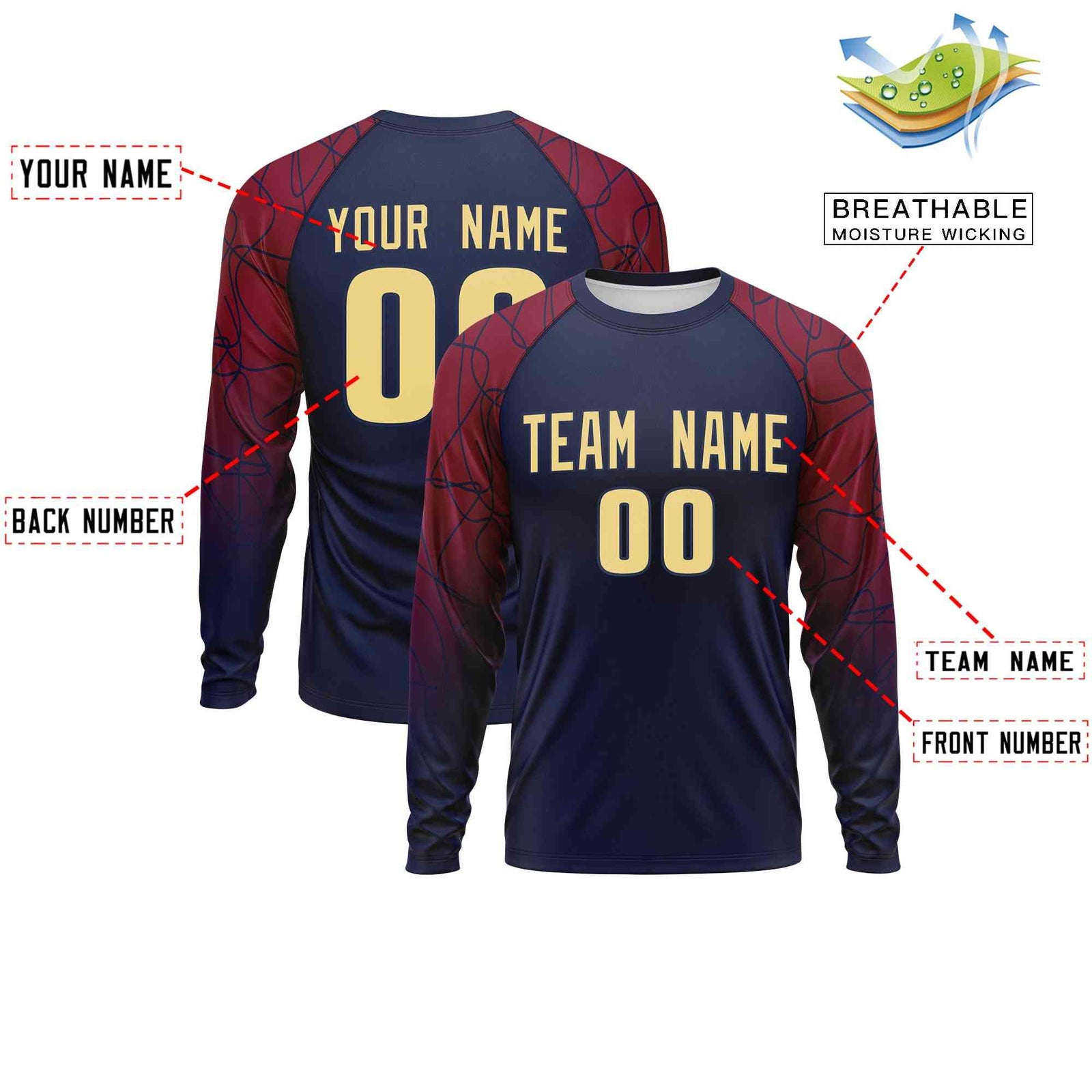 Custom Navy Crimson Tangled Lines Pattern Raglan Long Sleeve Performance T-Shirt| KXKSHOP